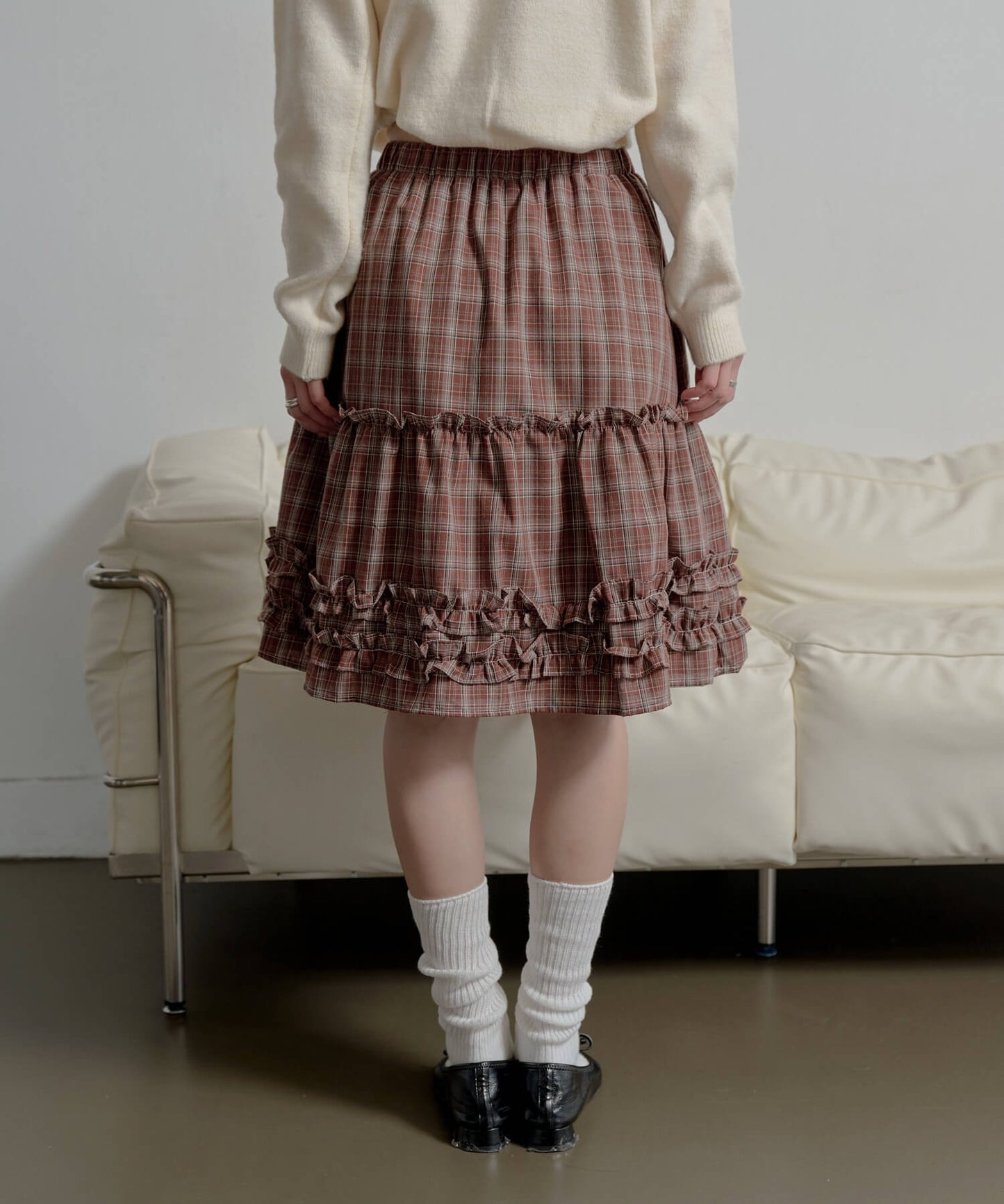 ローマダブルフリルチェックパターンミディAラインフレアスカート