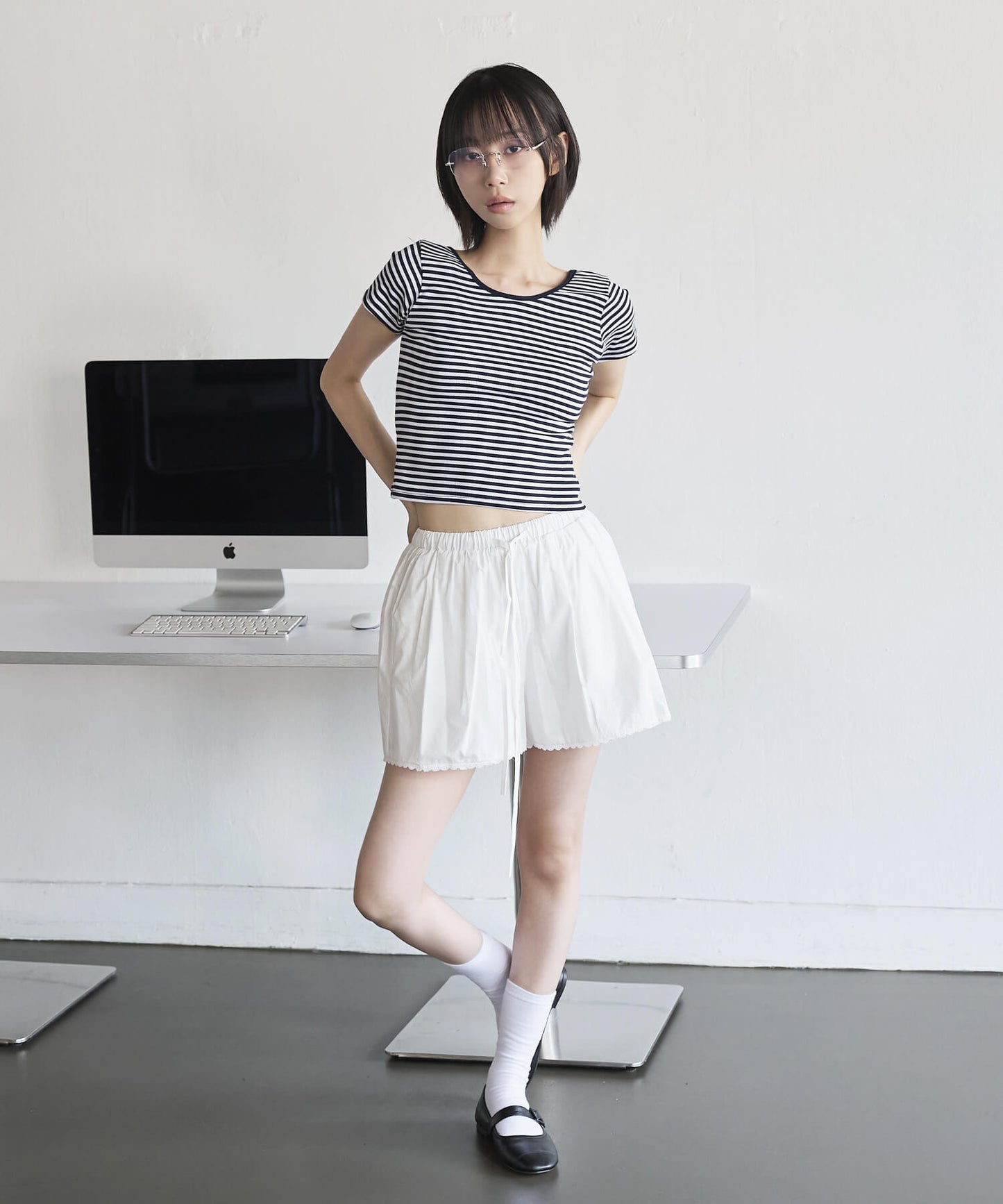 バックストリングUネックボーダーリブニット半袖Tシャツ