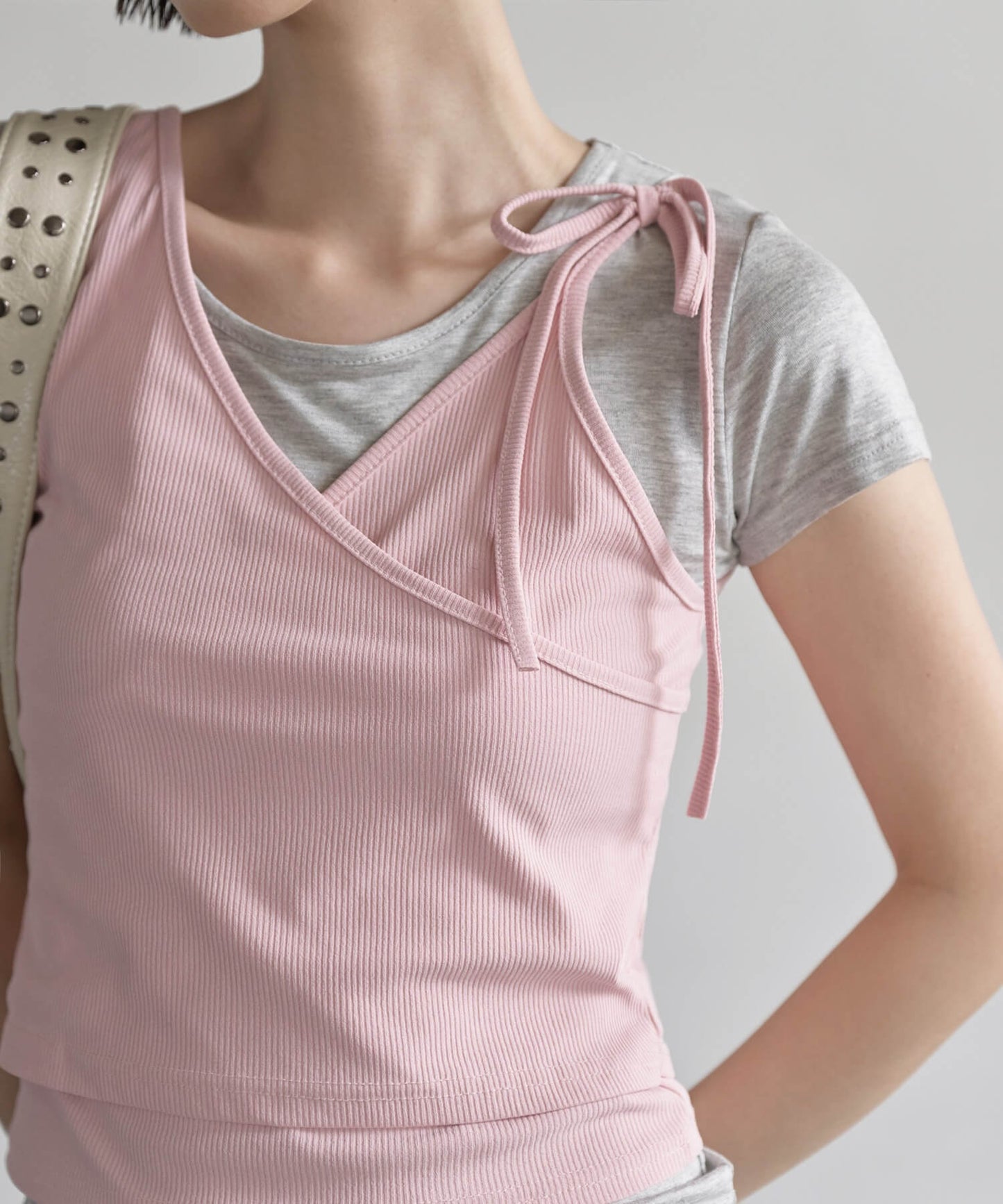 【UNE ORIGINAL】 2WAYユニークラブリーリブキャミソールビスチェ&インナーTシャツカットソーSET