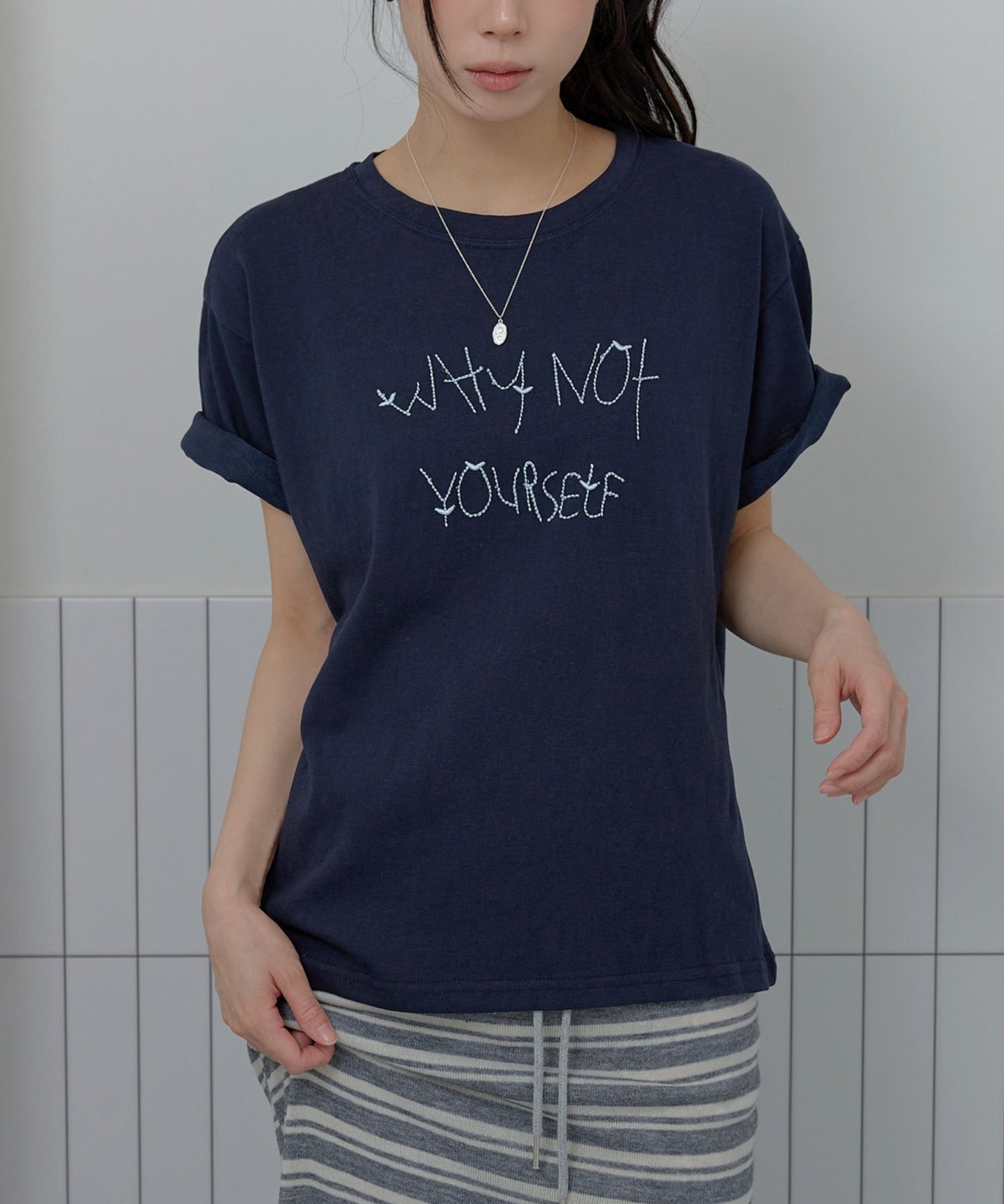 ポイントバイカラー刺繍オーバーサイズ半袖Tシャツカットソー