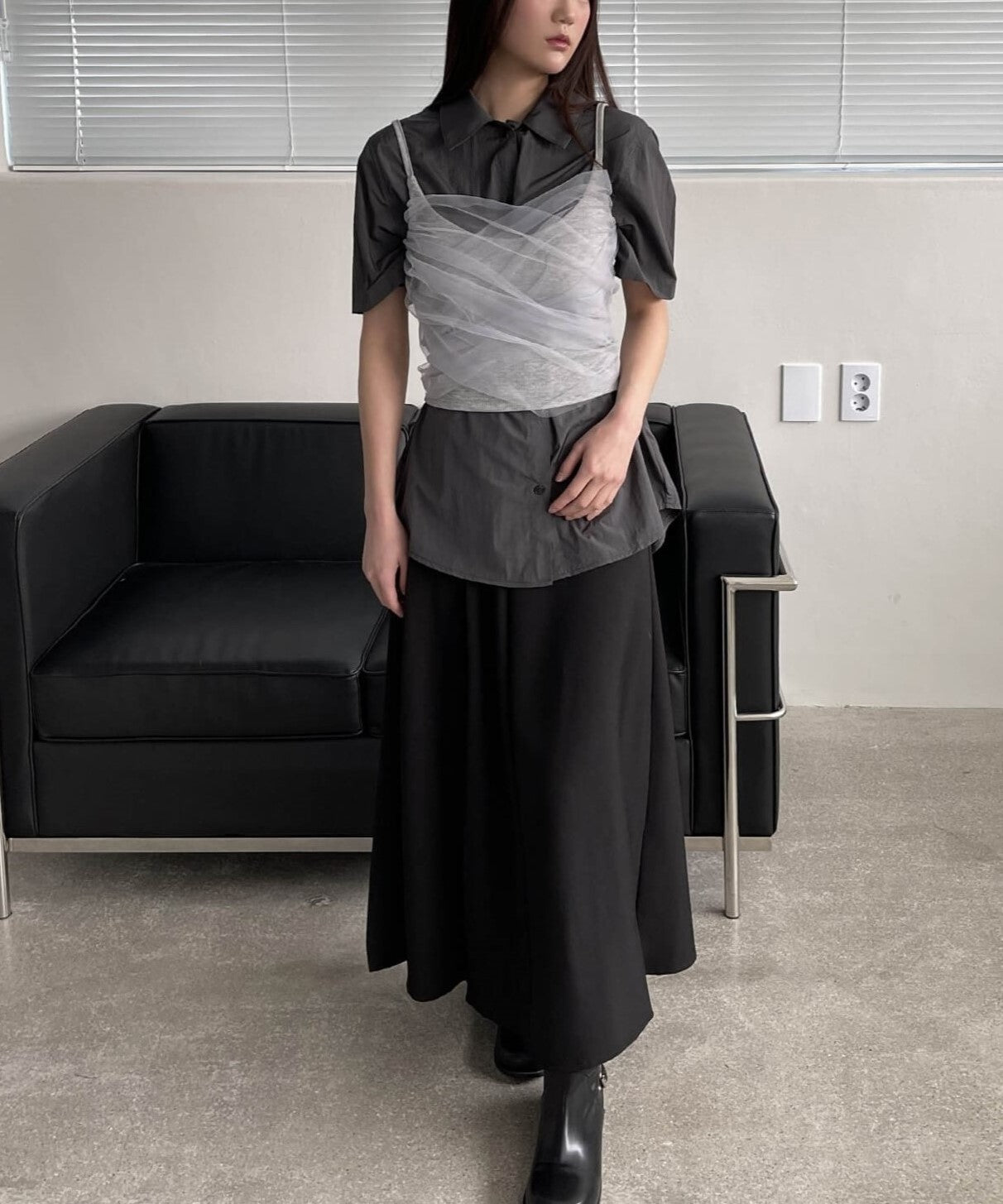 【カップ付き】シフォンシースルーオーガンザシャーリングキャミソール