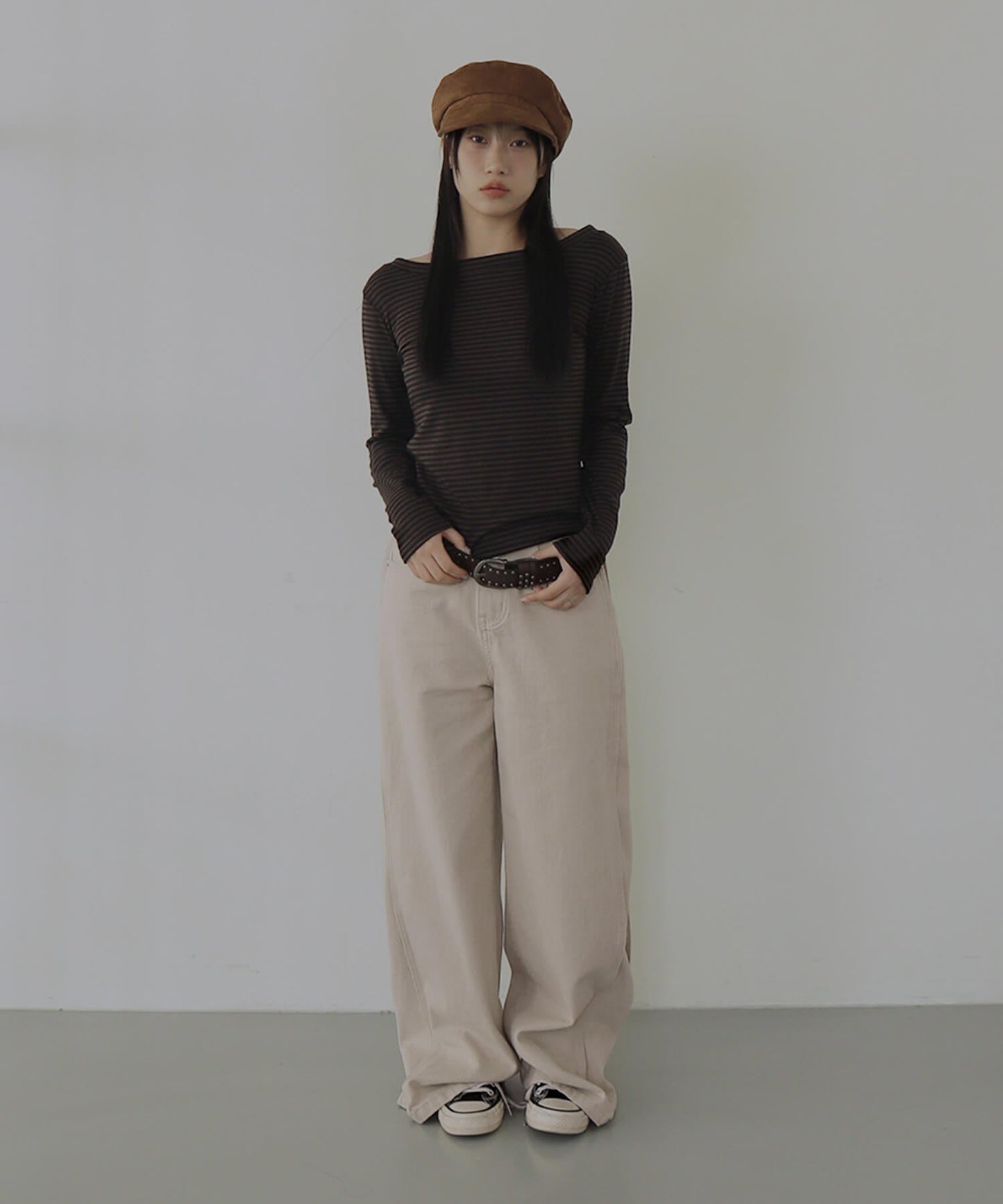 ストライプワンショルダー長袖Tシャツカットソー