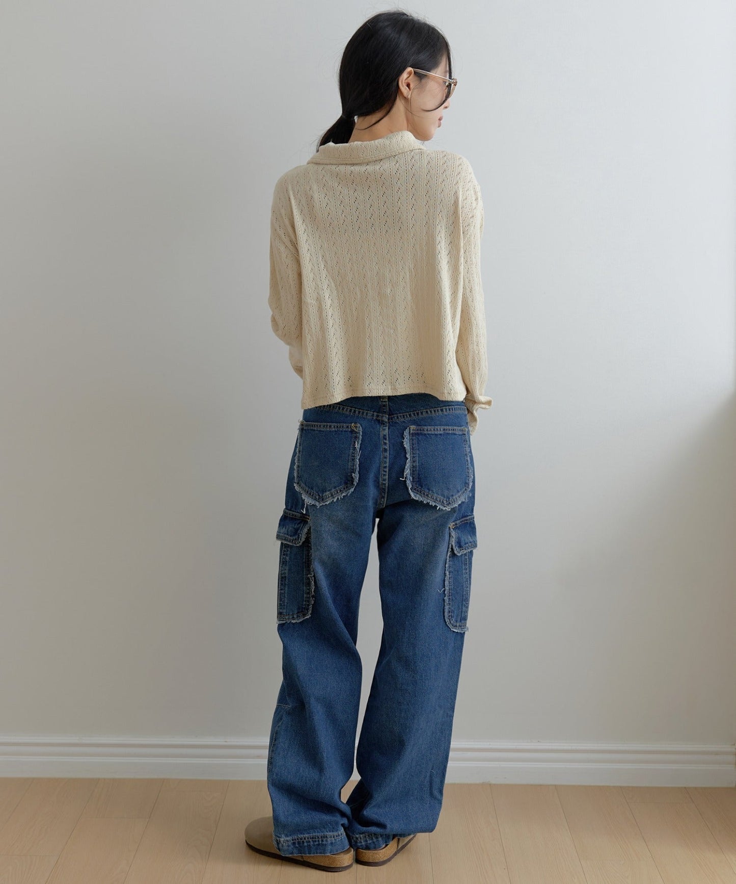フリンジユニークラインカーゴストレートデニムパンツ