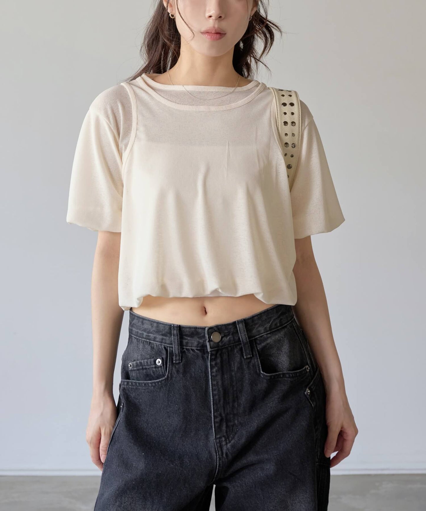 パステルキャンディレイヤードシースルーバルーンセミクロップドTシャツブラウスカットソー