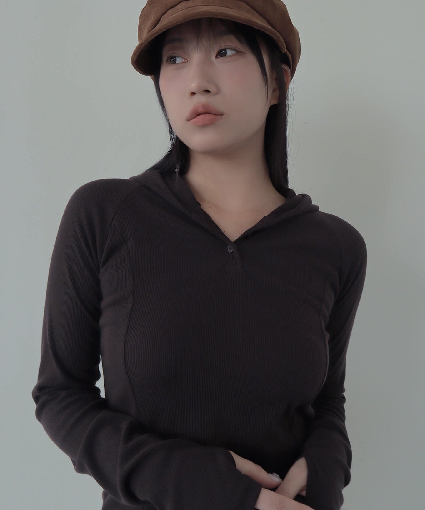 シルバーボタンリブフード長袖Tシャツカットソー