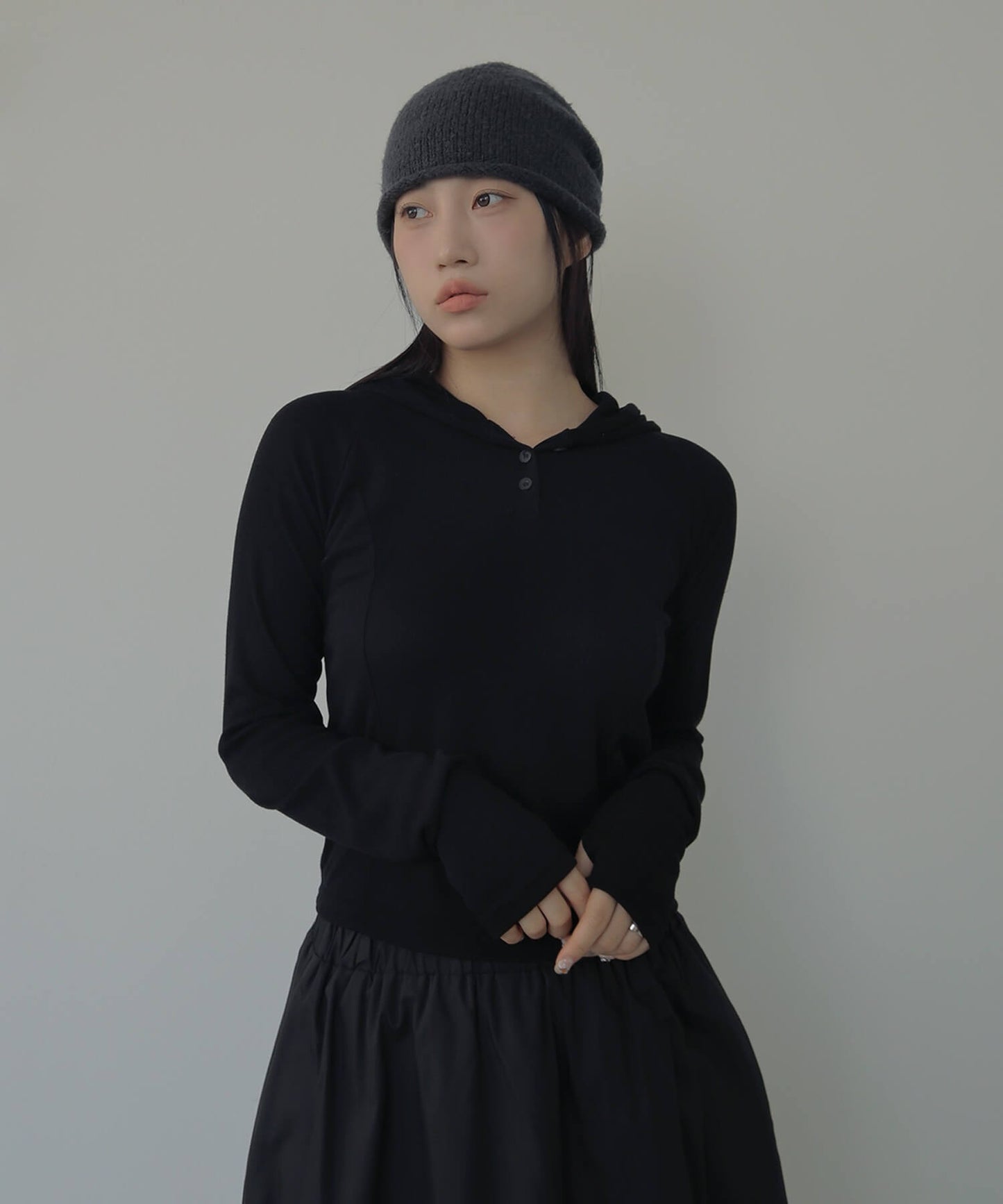 シルバーボタンリブフード長袖Tシャツカットソー
