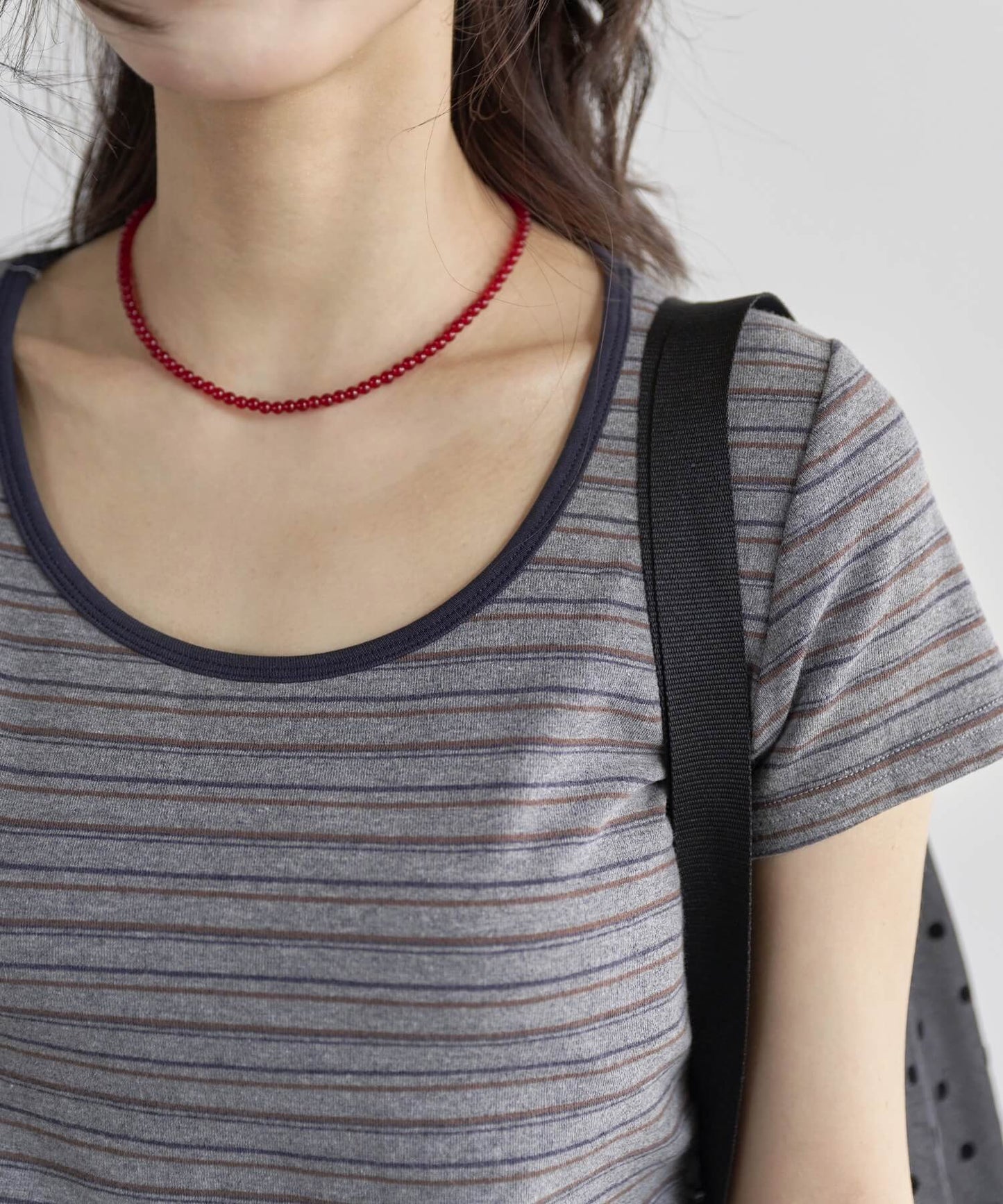 ラウンドネックバイカラーストライプセミクロップド半袖Tシャツカットソー