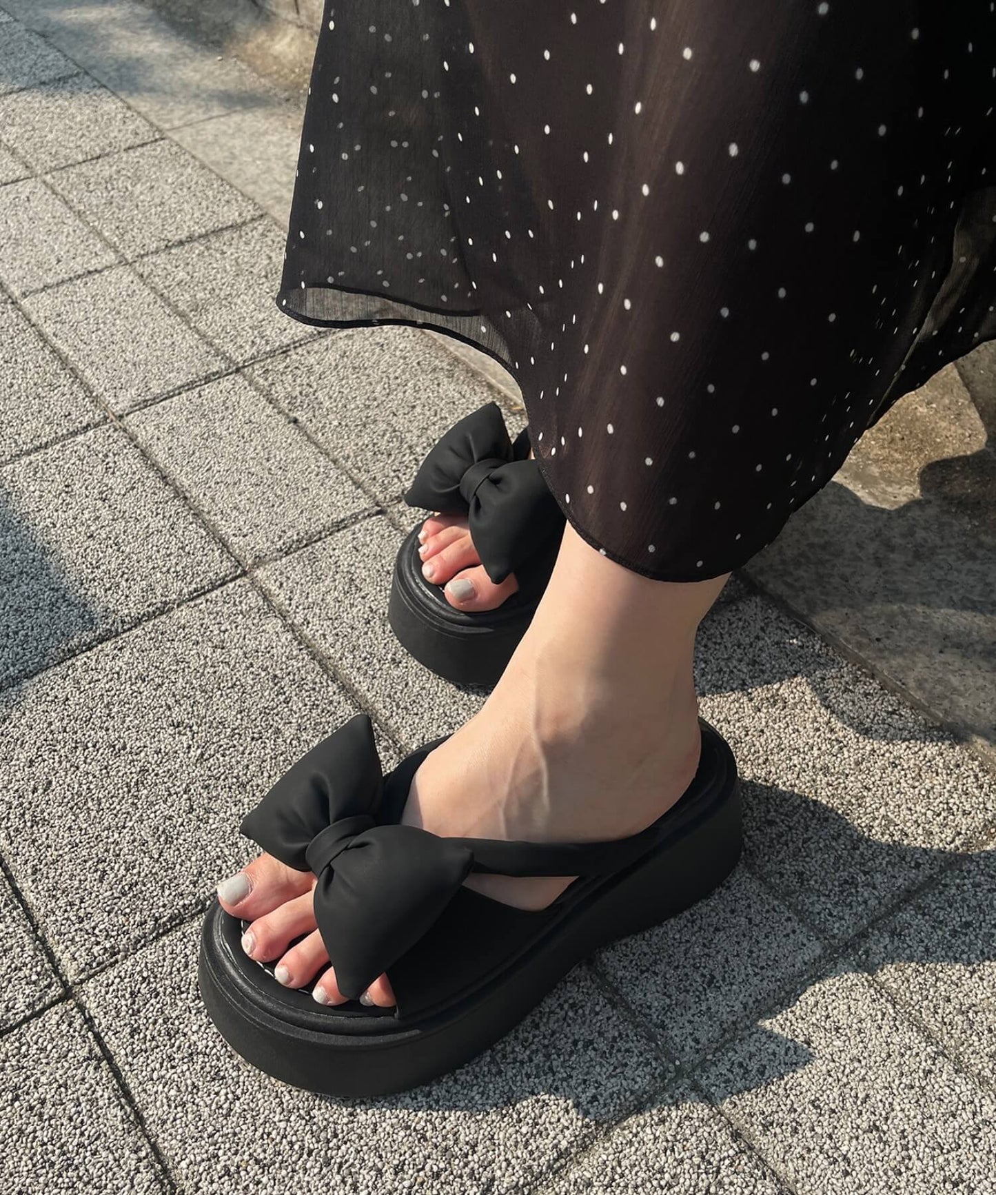 【身長アップ7㎝厚底インソール】ボリュームリボンスリッパサンダル