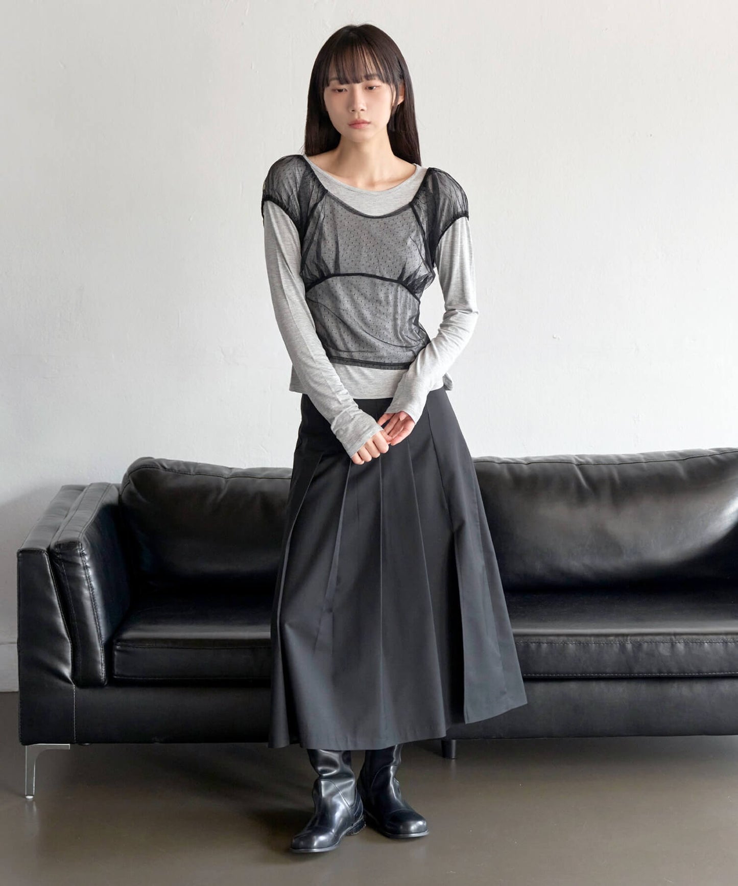 【UNE ORIGINAL】3WAYシースルーレイヤードドットショルダーパフ半袖T＆ラフUネックベーシックカットソーSET