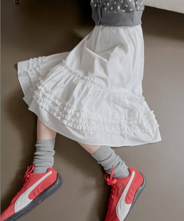 ウエストゴムフレアフリルミディスカート