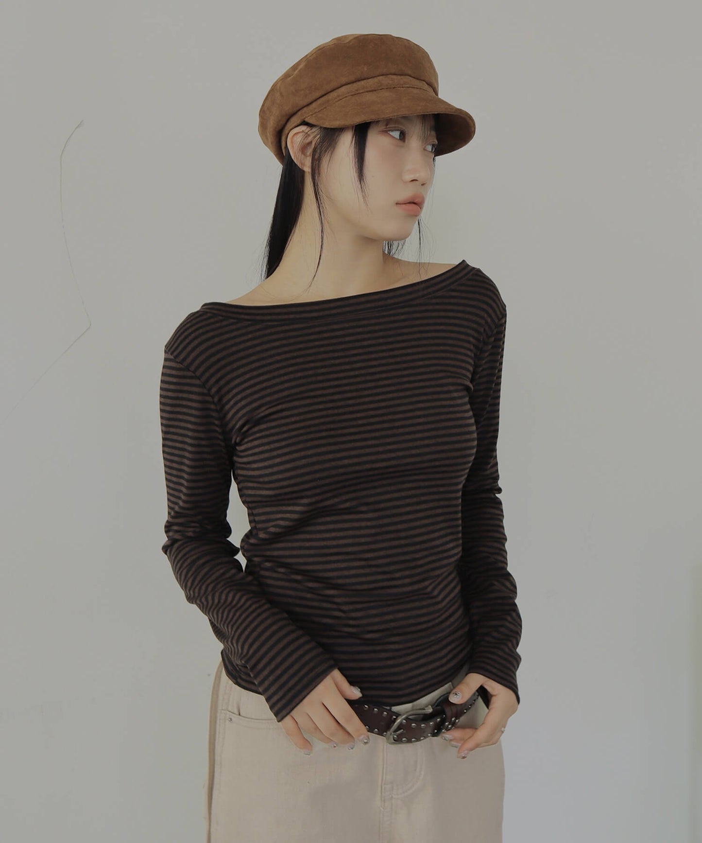ストライプワンショルダー長袖Tシャツカットソー