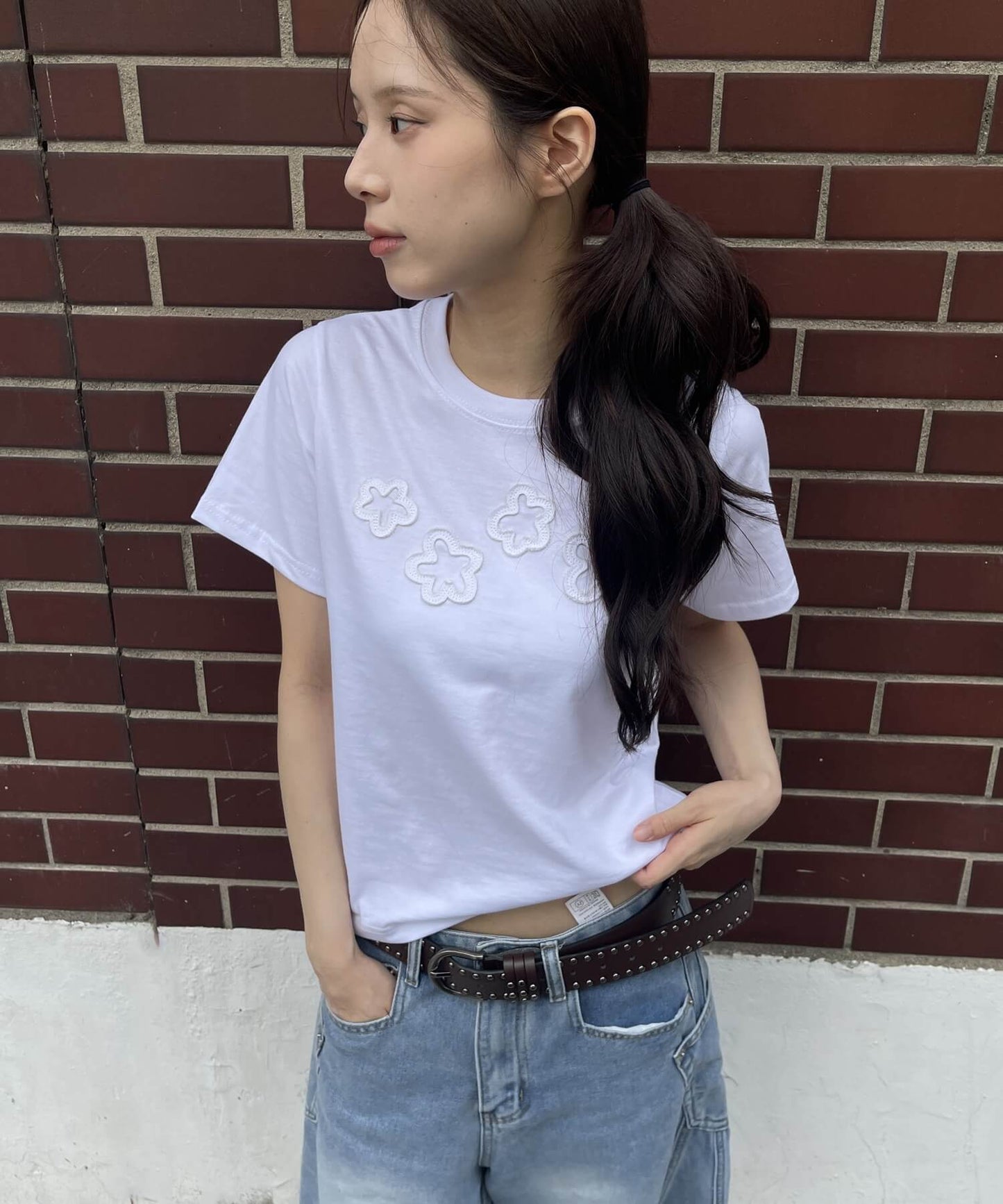 ダッフルフラワーワッペンレタリング半袖Tシャツ