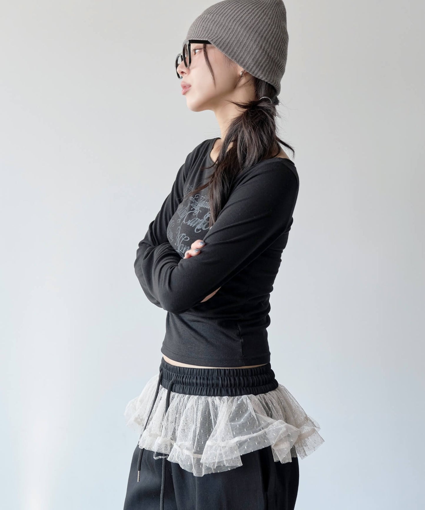 バレエコアグラフィックプリントシティワンショルダー/オフショルダーTシャツカットソー