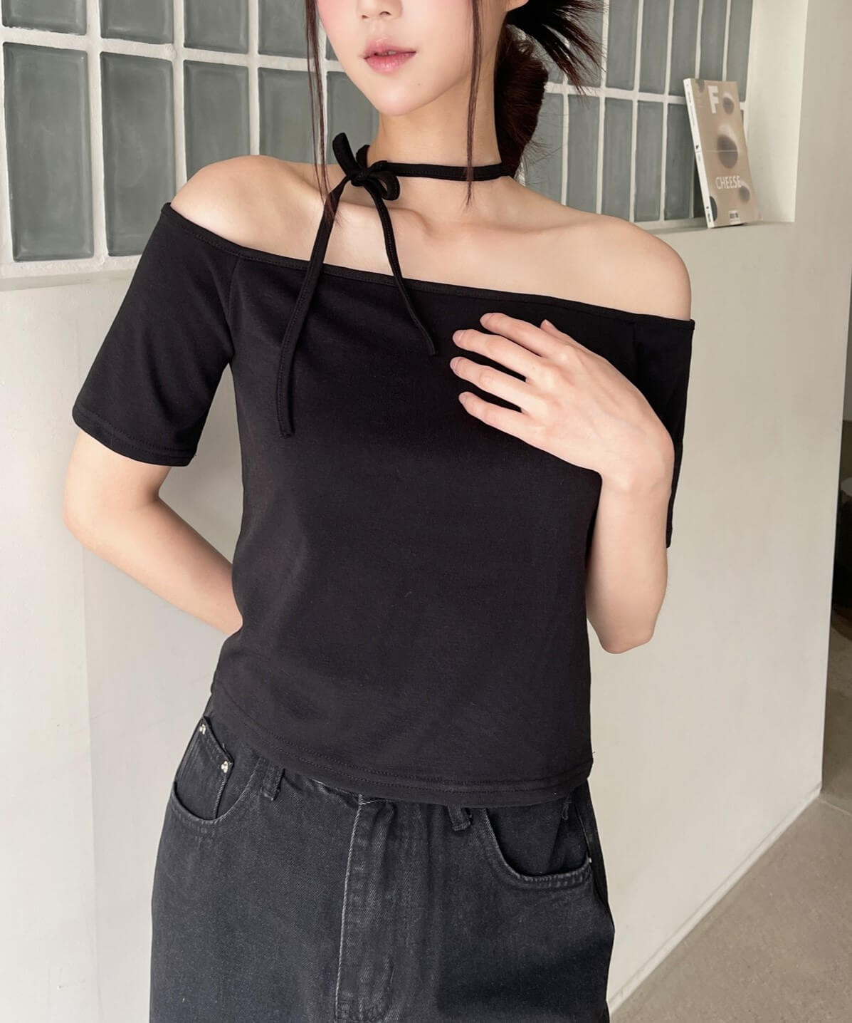 [UNE ORIGINAL]2wayホルターネックストリングリボンバックオープンTシャツカットソー