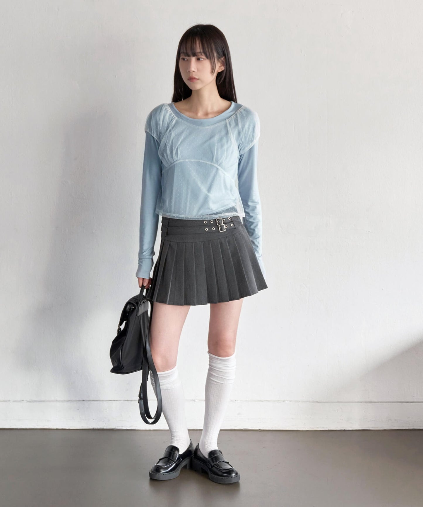 【UNE ORIGINAL】3WAYシースルーレイヤードドットショルダーパフ半袖T＆ラフUネックベーシックカットソーSET