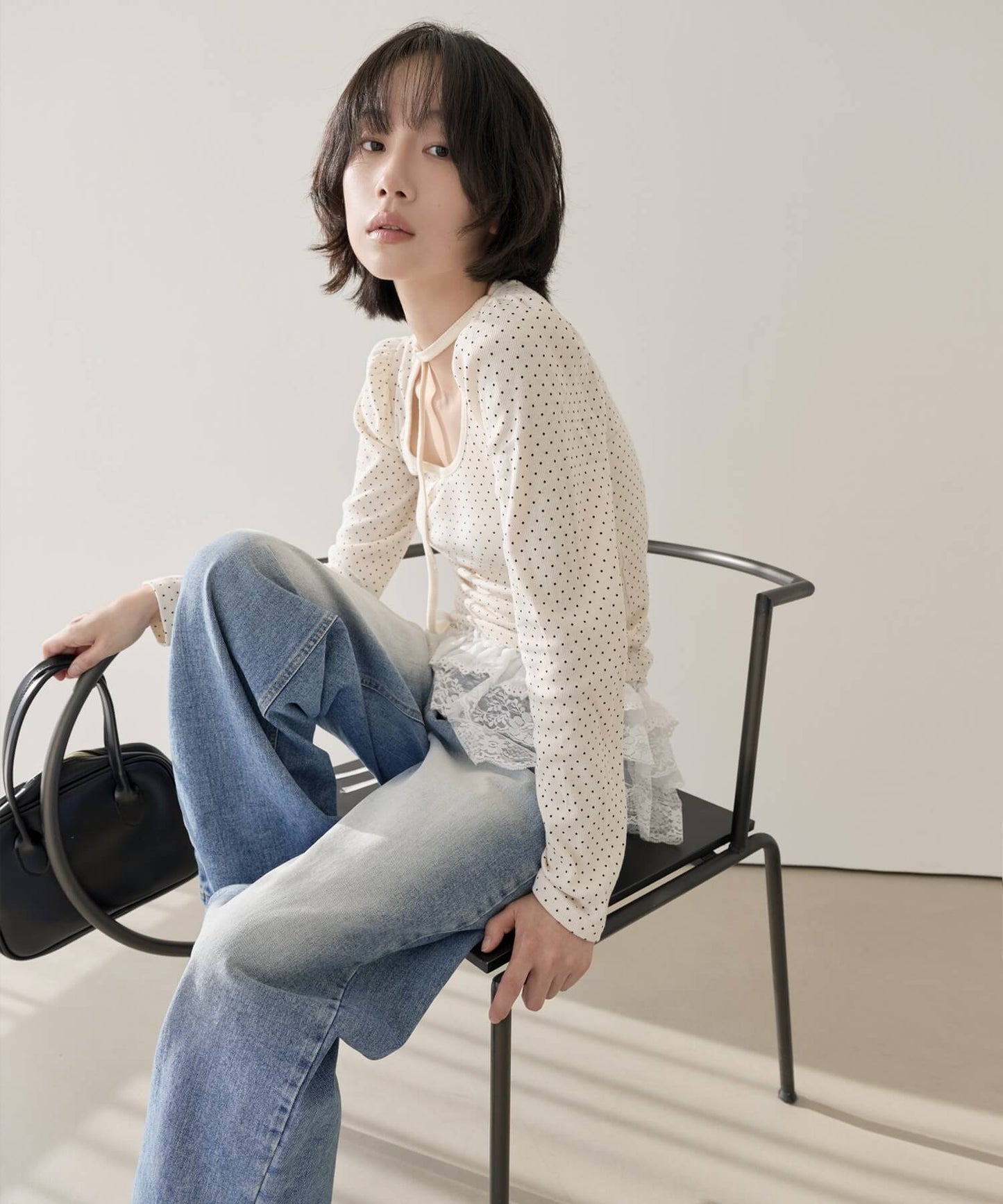 バレエコアラブリーUネックリボンドットショルダーパフ長袖Tシャツカットソー