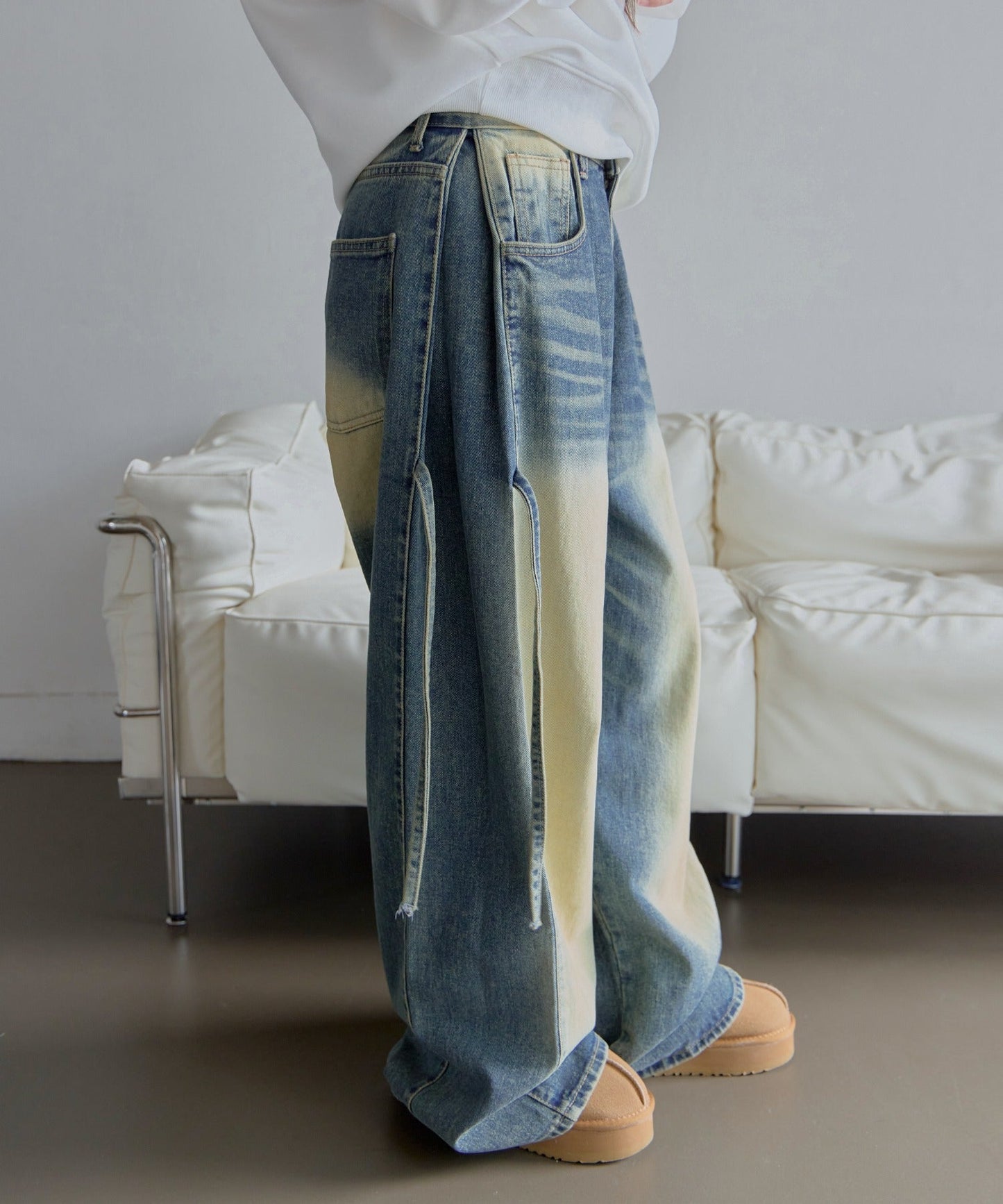 [UNISEX][XS~L][低身長、高身長さんでも！◎]ダーティーキャットブラシウォッシング・サイドピンタックデニムパンツ