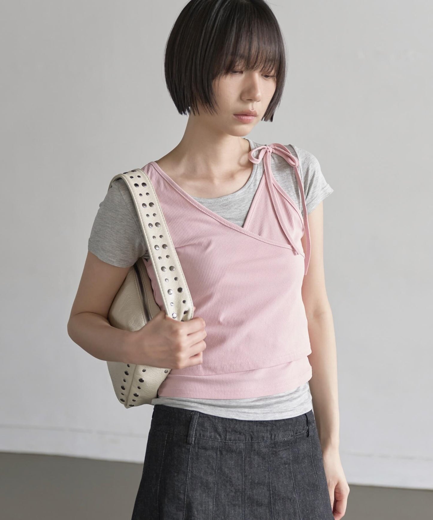 【UNE ORIGINAL】 2WAYユニークラブリーリブキャミソールビスチェ＆インナーTシャツカットソーSET