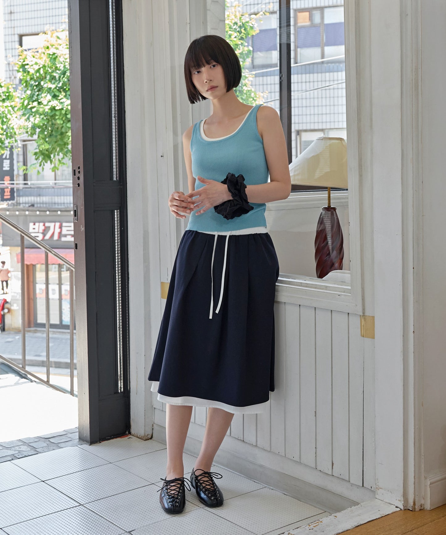 【ウエストゴムでストレスフリー】ダブルレイヤードミディAラインフレアスカート