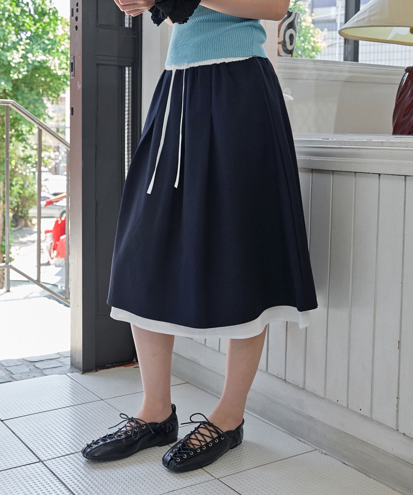 【ウエストゴムでストレスフリー】ダブルレイヤードミディAラインフレアスカート