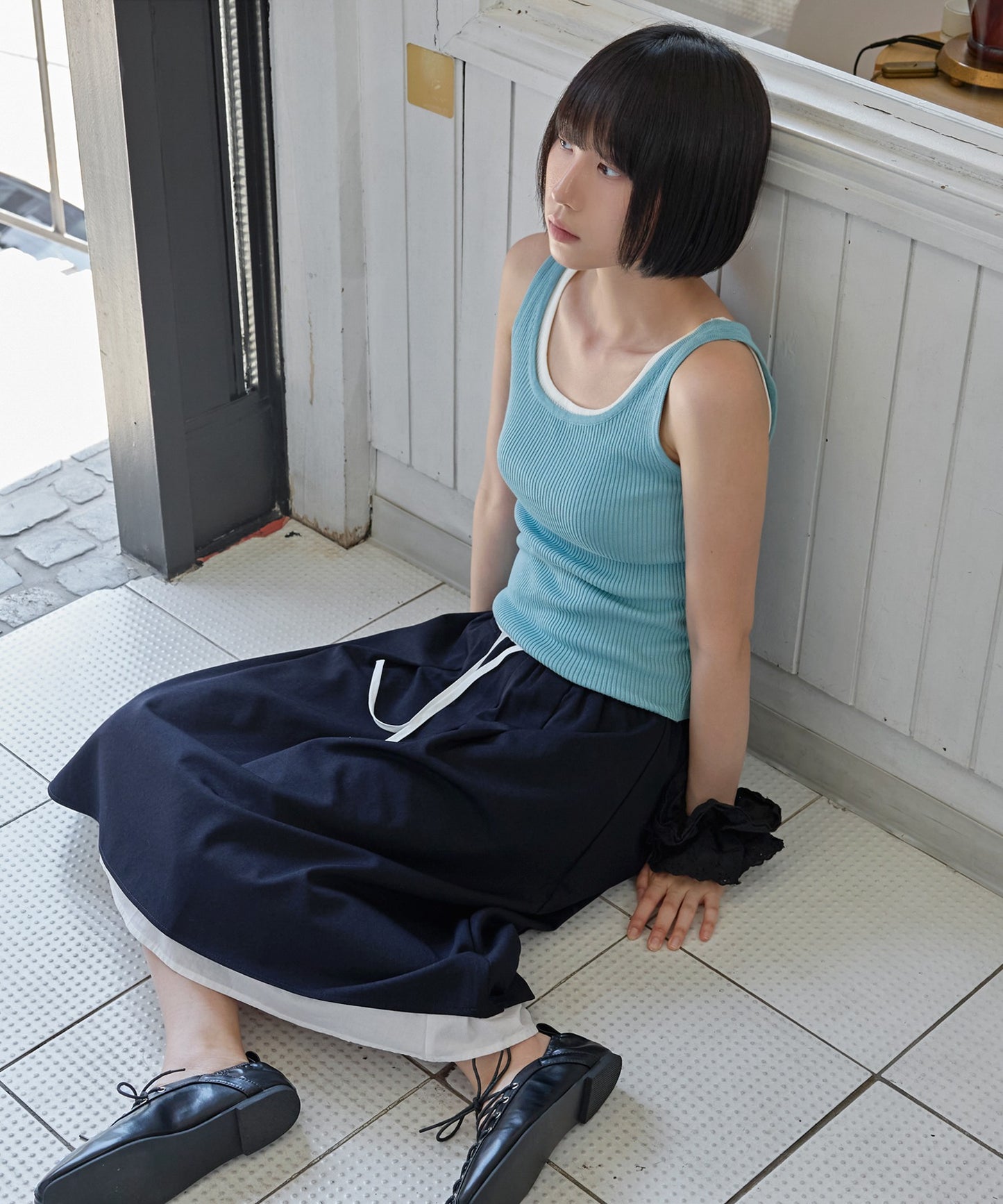 【ウエストゴムでストレスフリー】ダブルレイヤードミディAラインフレアスカート