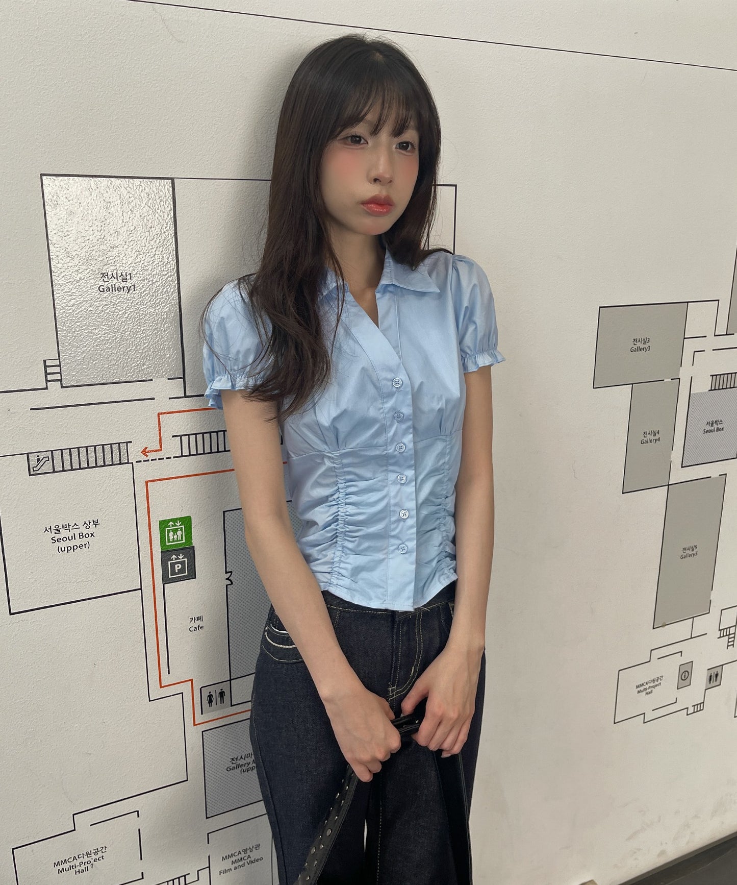 パフスリーブフロントダブルシャーリングⅤネックブラウス