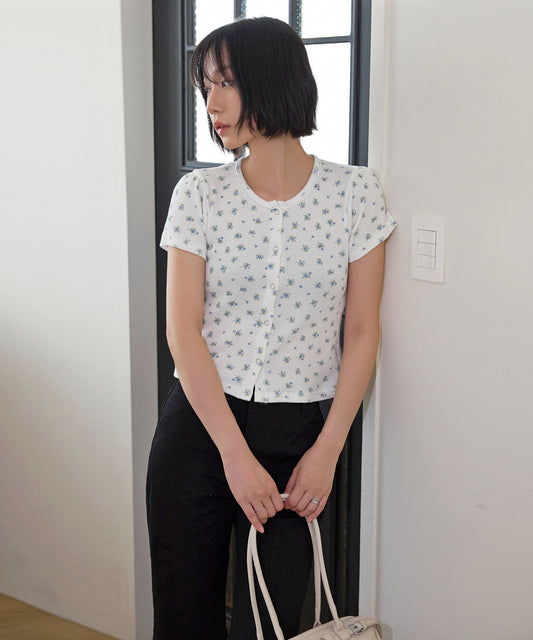 【UNE ORIGINAL】 ワッフル素材×花柄シルバートットレーストリミングボタン半袖カーディガン
