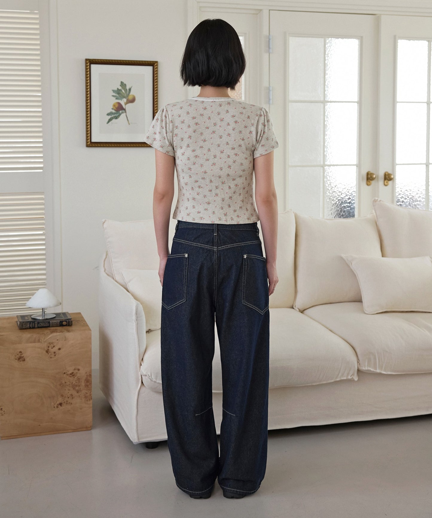 【UNE ORIGINAL】 ワッフル素材×花柄シルバートットレーストリミングボタン半袖カーディガン