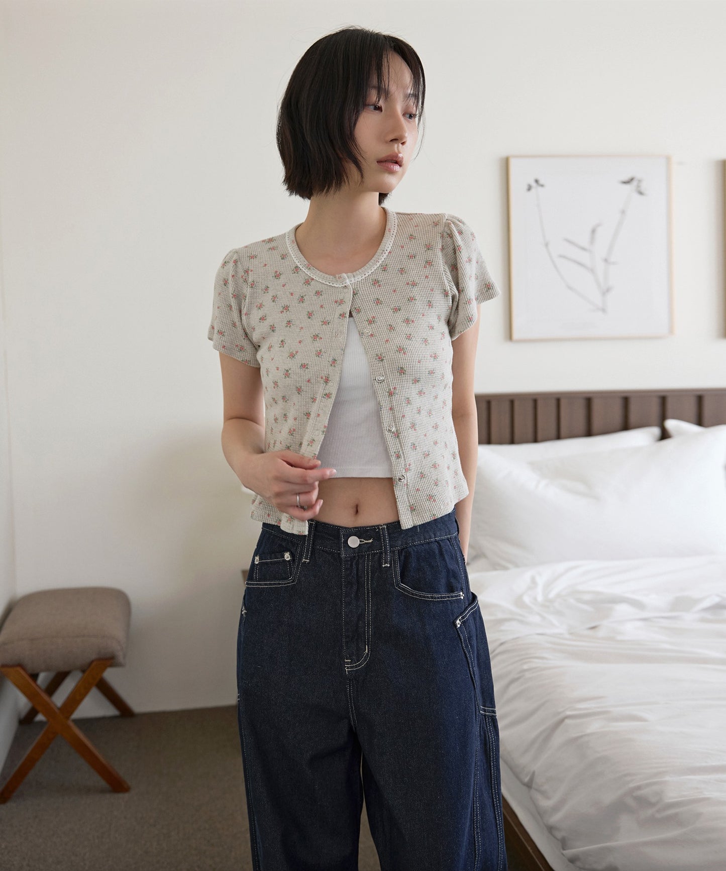 【UNE ORIGINAL】 ワッフル素材×花柄シルバートットレーストリミングボタン半袖カーディガン