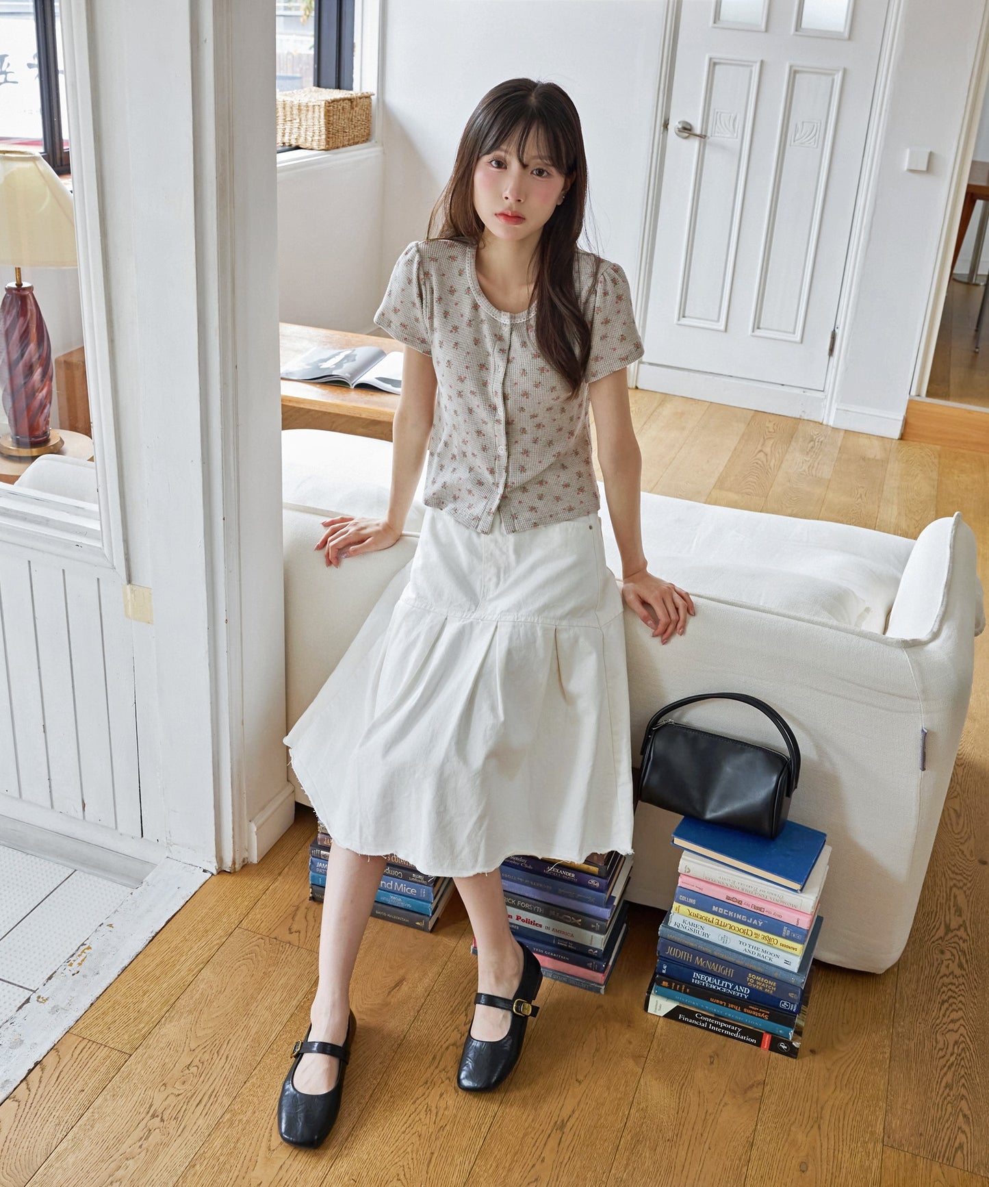 【UNE ORIGINAL】 ワッフル素材×花柄シルバートットレーストリミングボタン半袖カーディガン