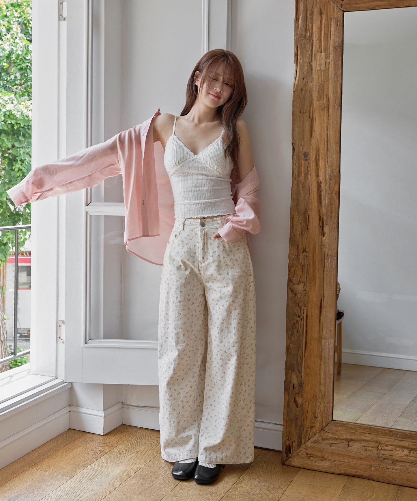 花柄ラブリーワイドストレートデニムパンツ