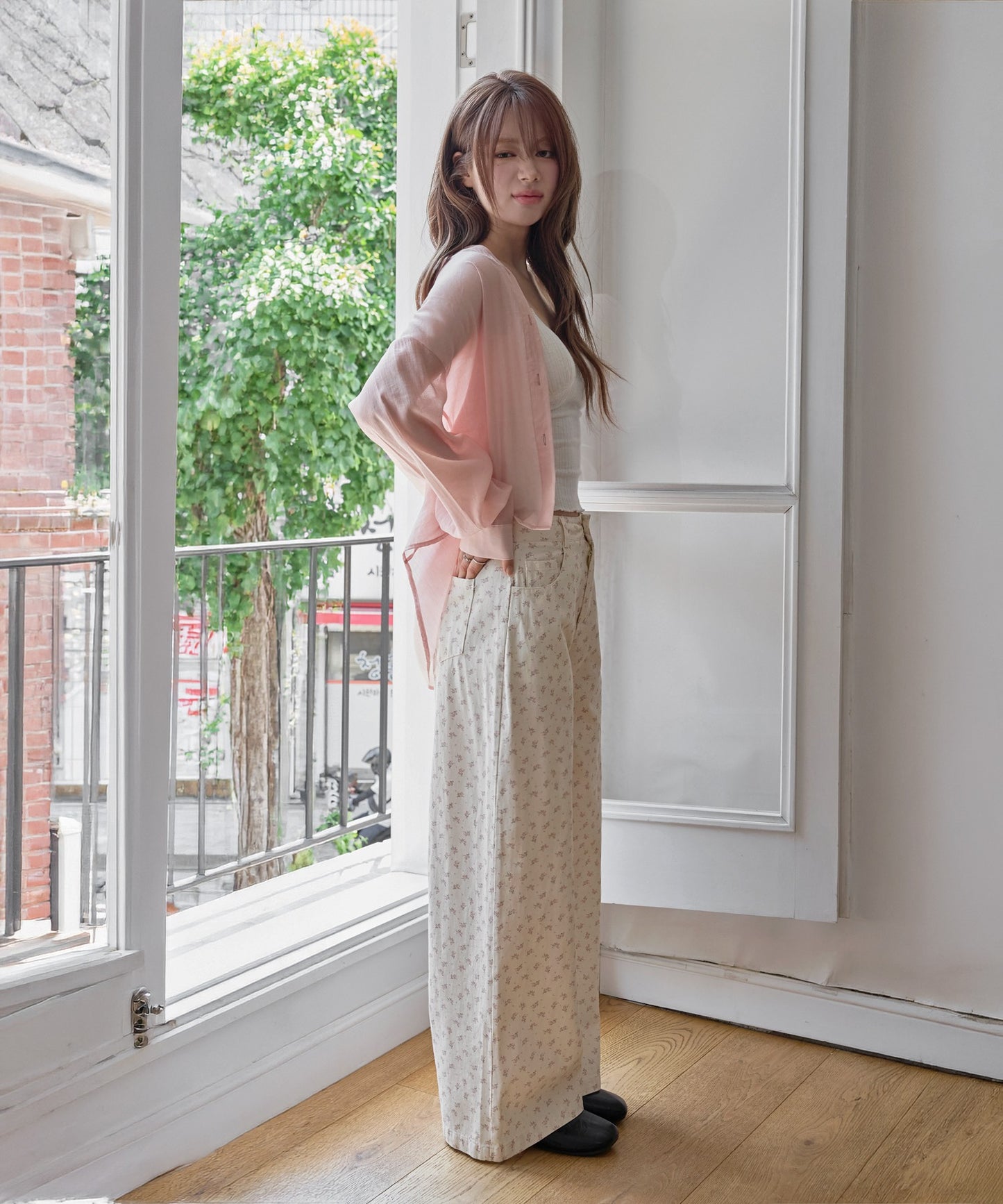 花柄ラブリーワイドストレートデニムパンツ