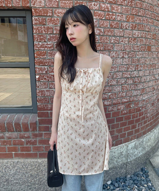 【肩紐調節可能】ラブリー花柄フロントリボンバックストリングレイヤードキャミソールミニワンピース