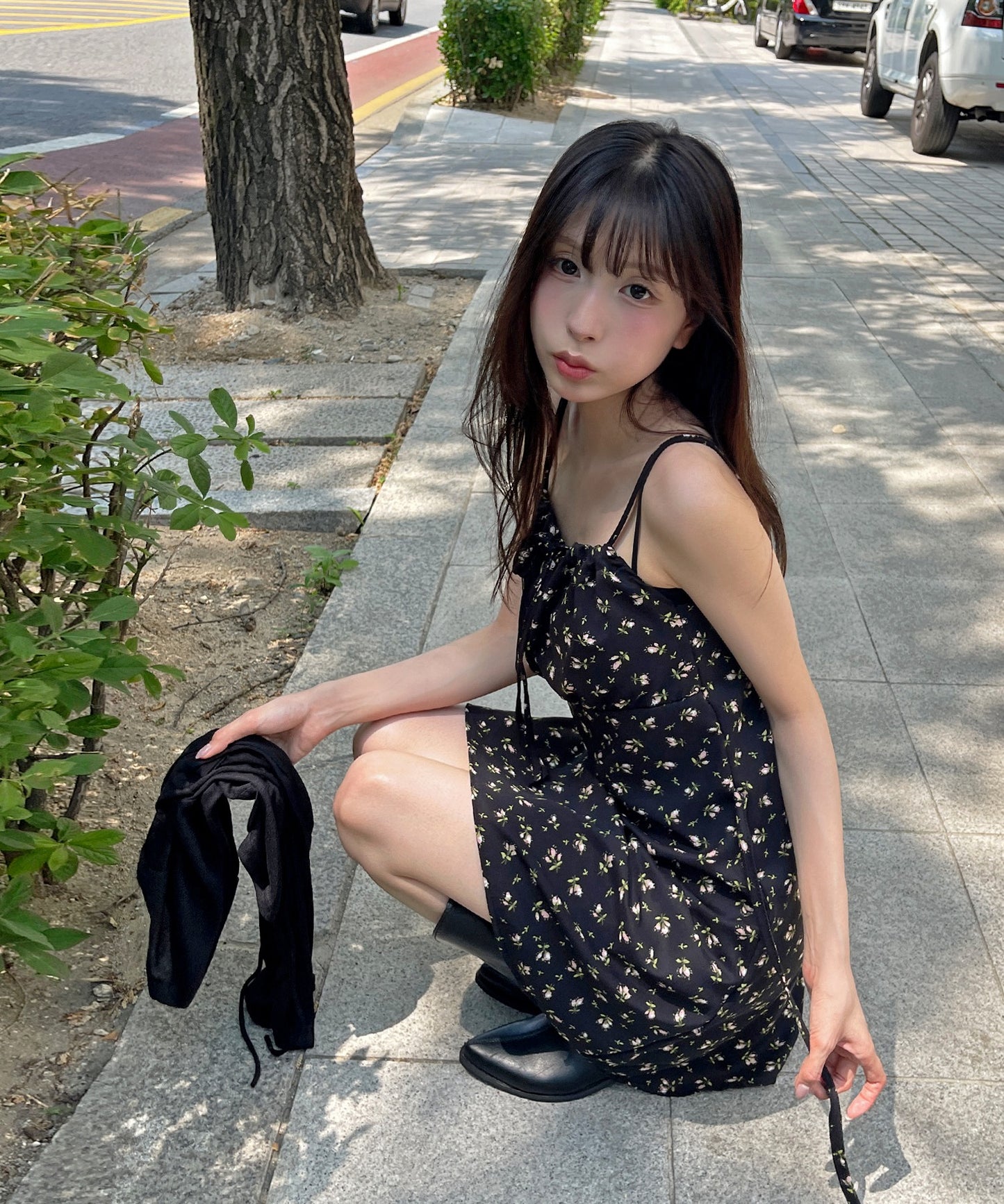 【肩紐調節可能】ラブリー花柄フロントリボンバックストリングレイヤードキャミソールミニワンピース
