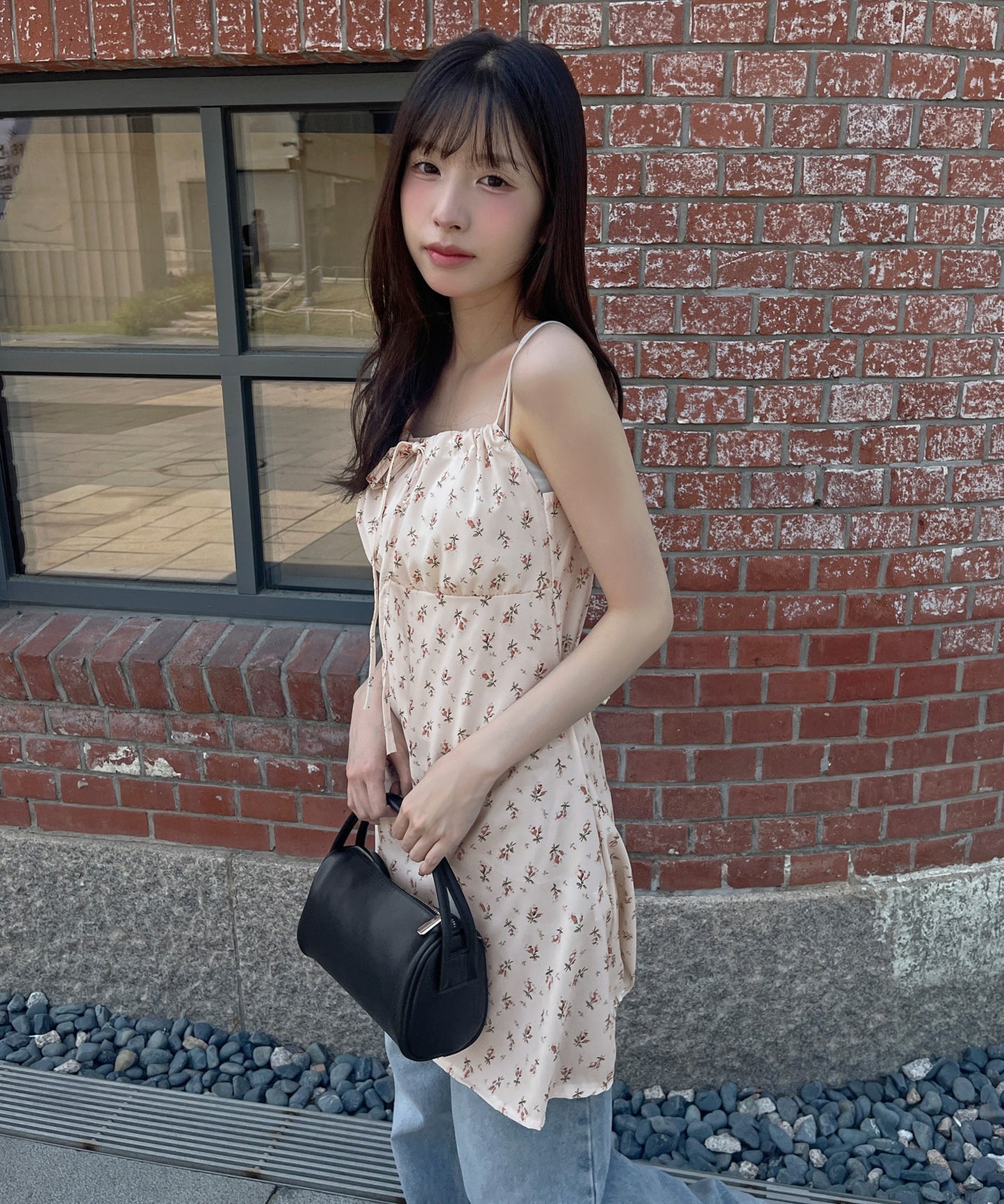 【肩紐調節可能】ラブリー花柄フロントリボンバックストリングレイヤードキャミソールミニワンピース
