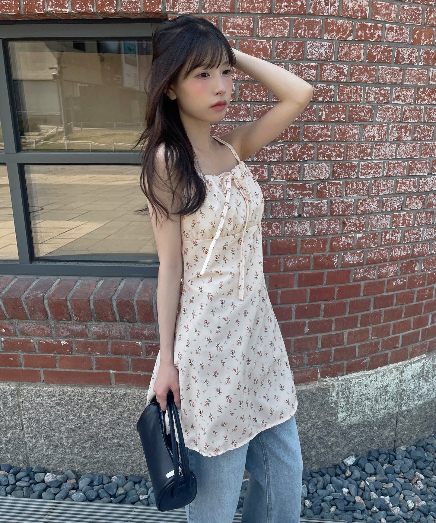 【肩紐調節可能】ラブリー花柄フロントリボンバックストリングレイヤードキャミソールミニワンピース