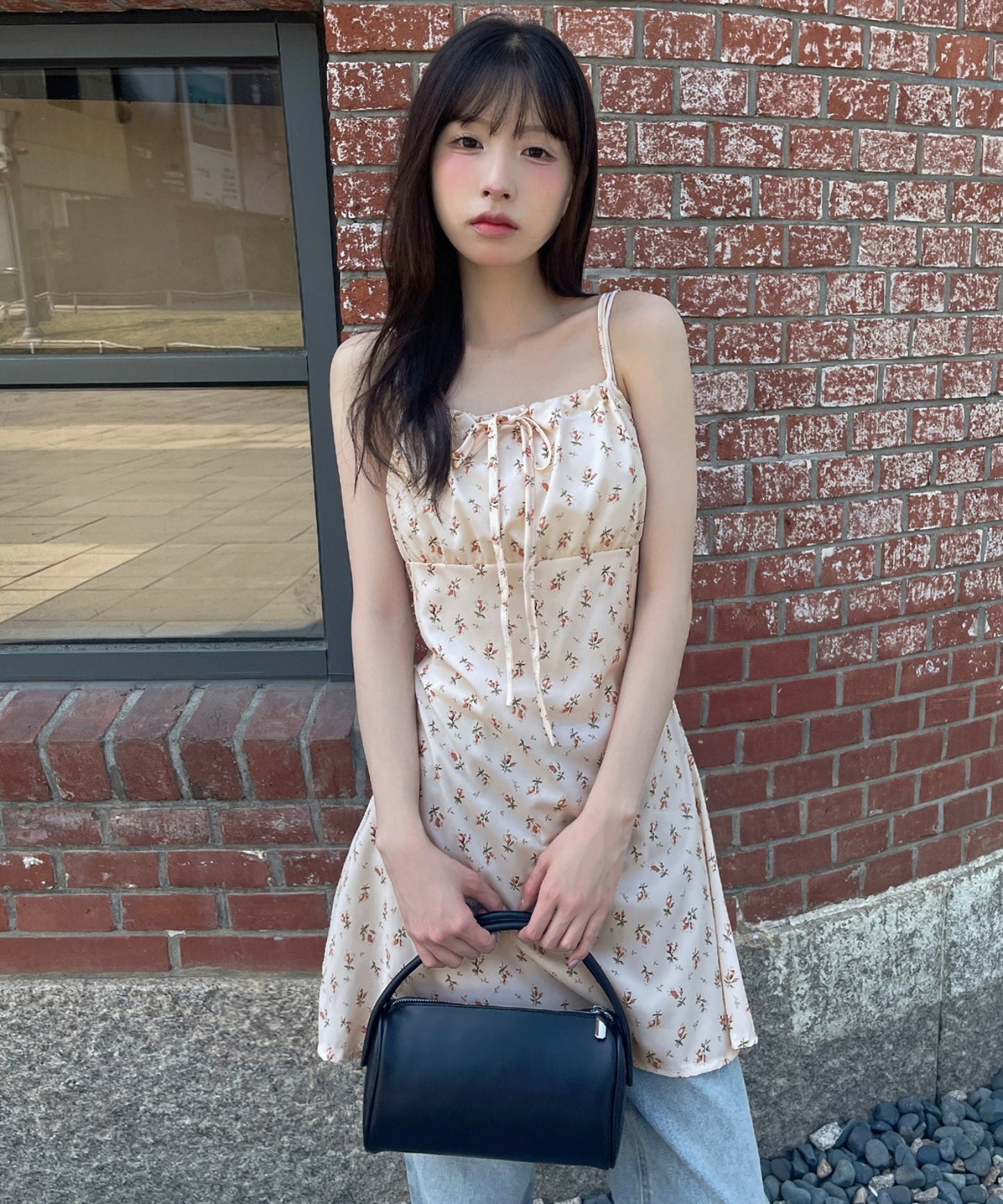 【肩紐調節可能】ラブリー花柄フロントリボンバックストリングレイヤードキャミソールミニワンピース