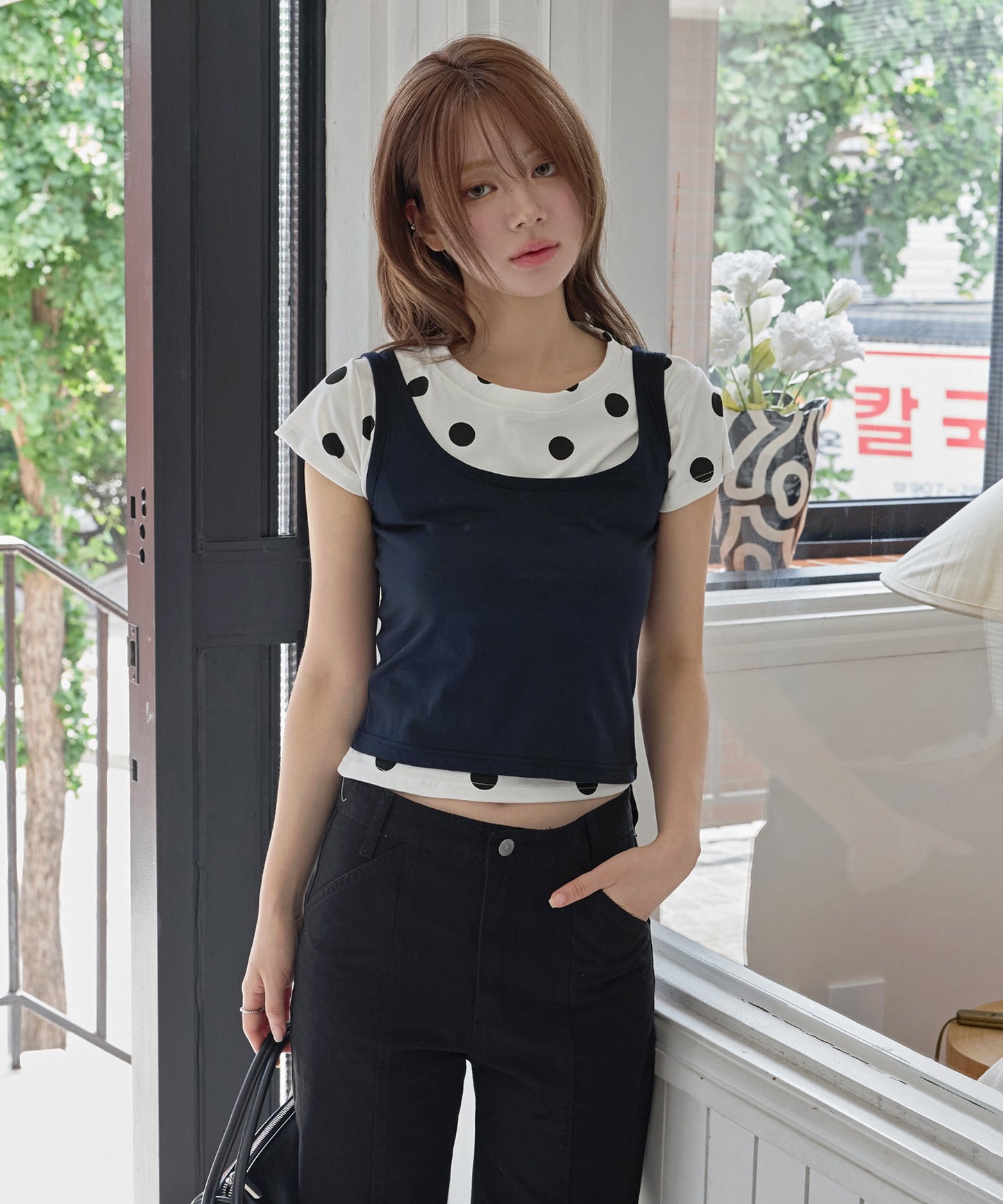 【オリジナル】【体型やスタイルに合わせて選べるS / M 2サイズ展開 】レイヤードキャミソール＆ドットTシャツSET ITEM