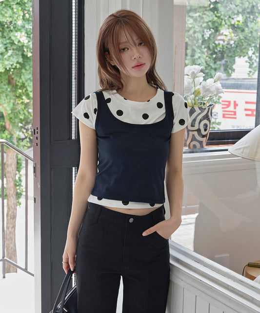 【オリジナル】【体型やスタイルに合わせて選べるS / M 2サイズ展開 】レイヤードキャミソール＆ドットTシャツSET ITEM