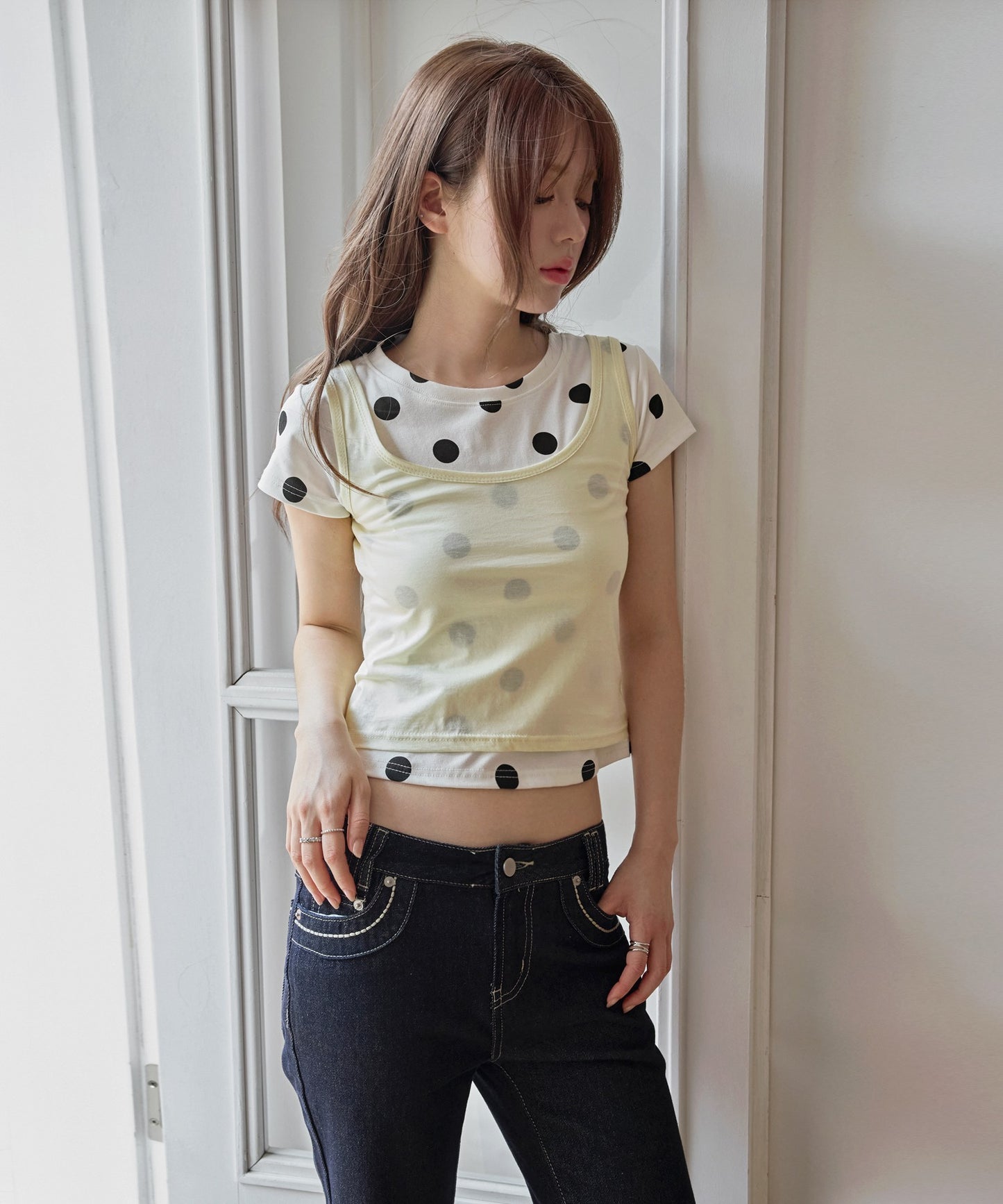 【オリジナル】【体型やスタイルに合わせて選べるS / M 2サイズ展開 】レイヤードキャミソール＆ドットTシャツSET ITEM