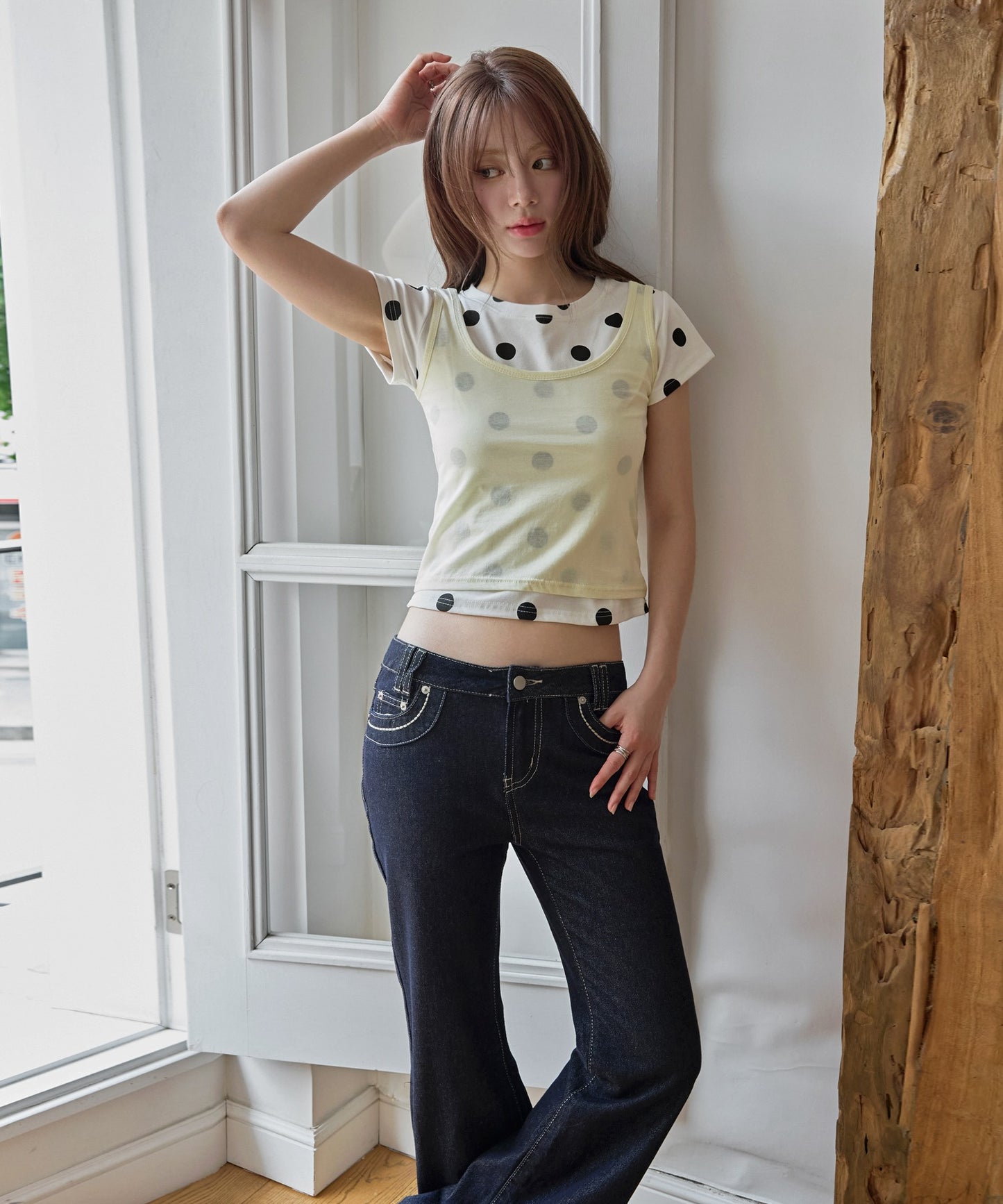 【オリジナル】【体型やスタイルに合わせて選べるS / M 2サイズ展開 】レイヤードキャミソール＆ドットTシャツSET ITEM