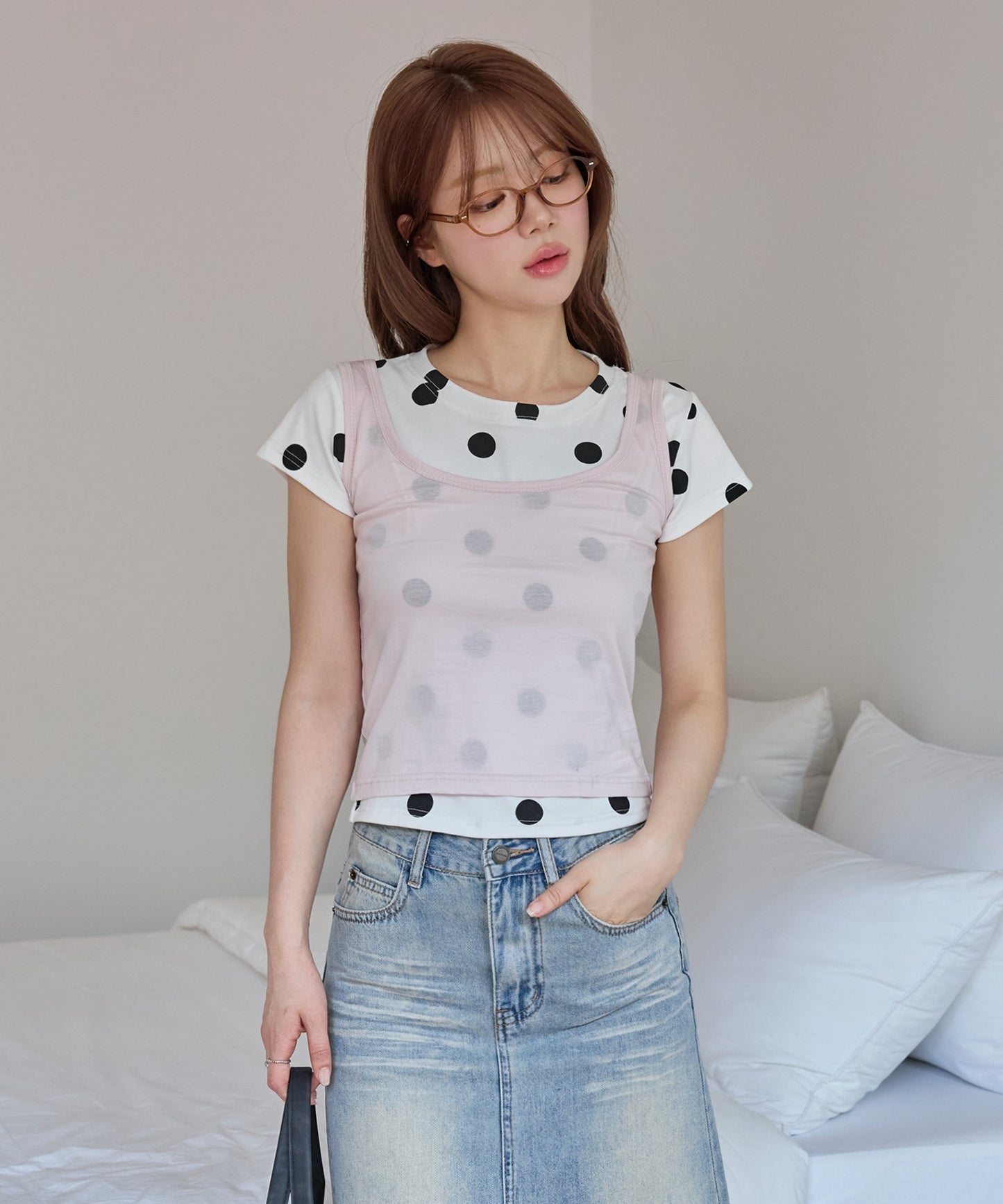 【オリジナル】【体型やスタイルに合わせて選べるS / M 2サイズ展開 】レイヤードキャミソール＆ドットTシャツSET ITEM