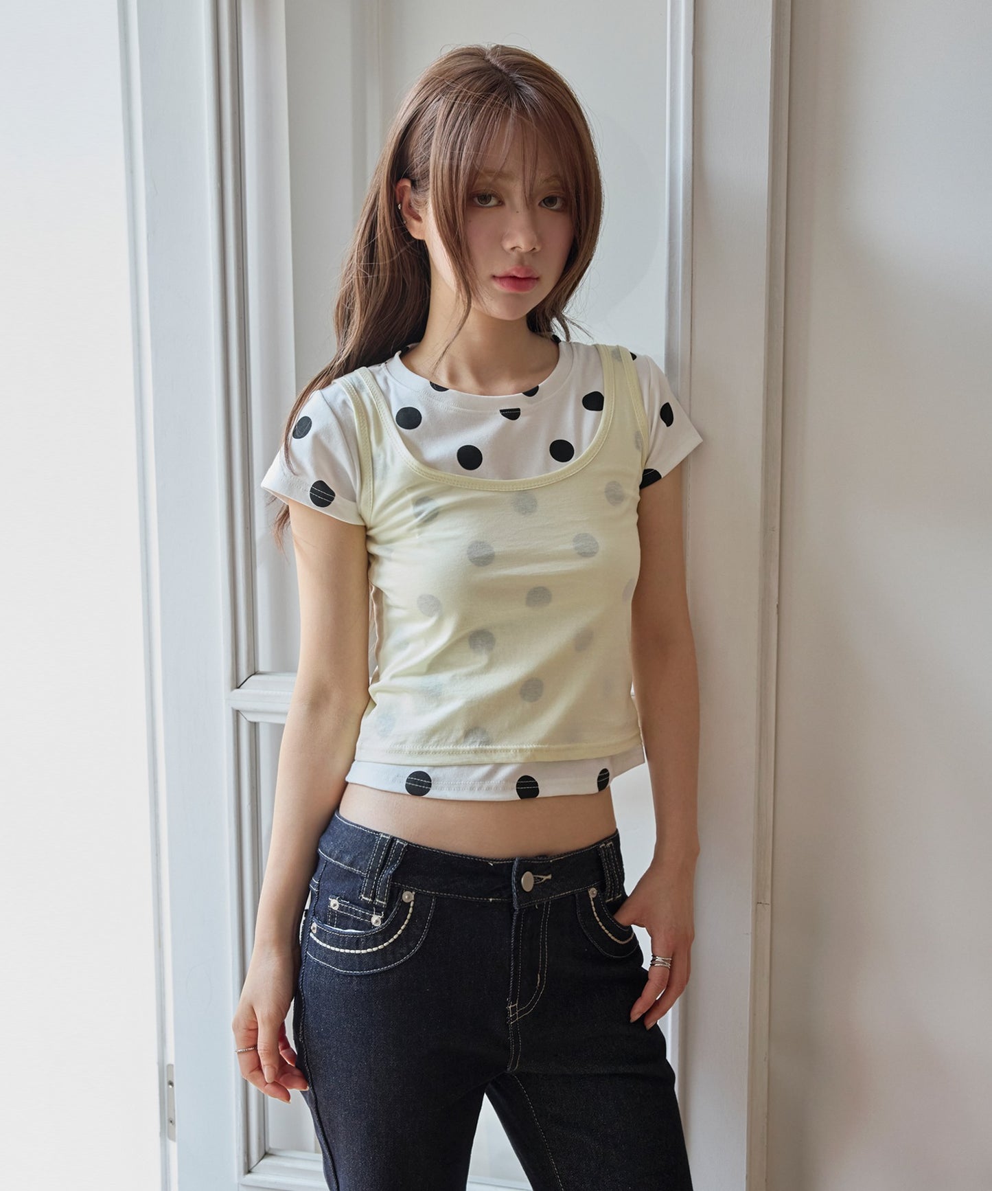 【オリジナル】【体型やスタイルに合わせて選べるS / M 2サイズ展開 】レイヤードキャミソール＆ドットTシャツSET ITEM