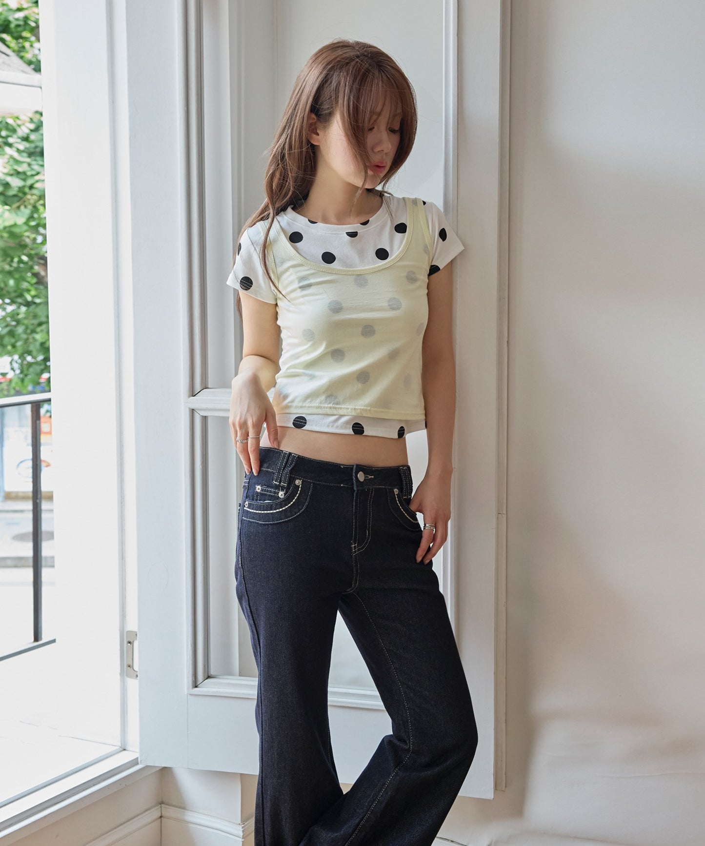 【オリジナル】【体型やスタイルに合わせて選べるS / M 2サイズ展開 】レイヤードキャミソール＆ドットTシャツSET ITEM