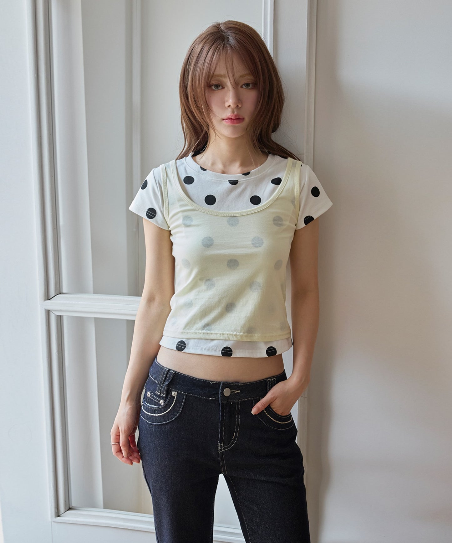 【オリジナル】【体型やスタイルに合わせて選べるS / M 2サイズ展開 】レイヤードキャミソール＆ドットTシャツSET ITEM
