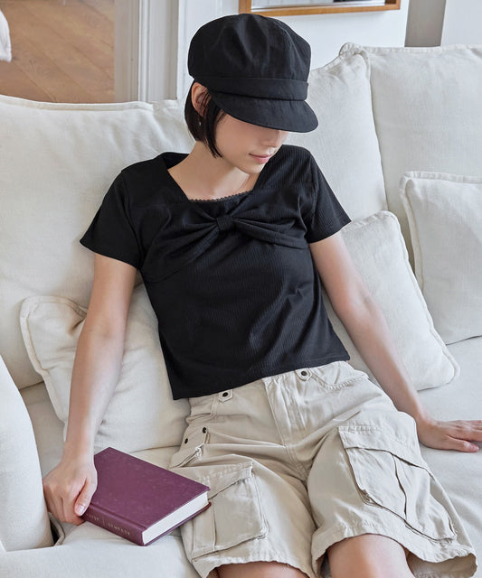 【UNE ORIGINAL】フロントラブリーリボンフリルリブ半袖Tシャツカットソー