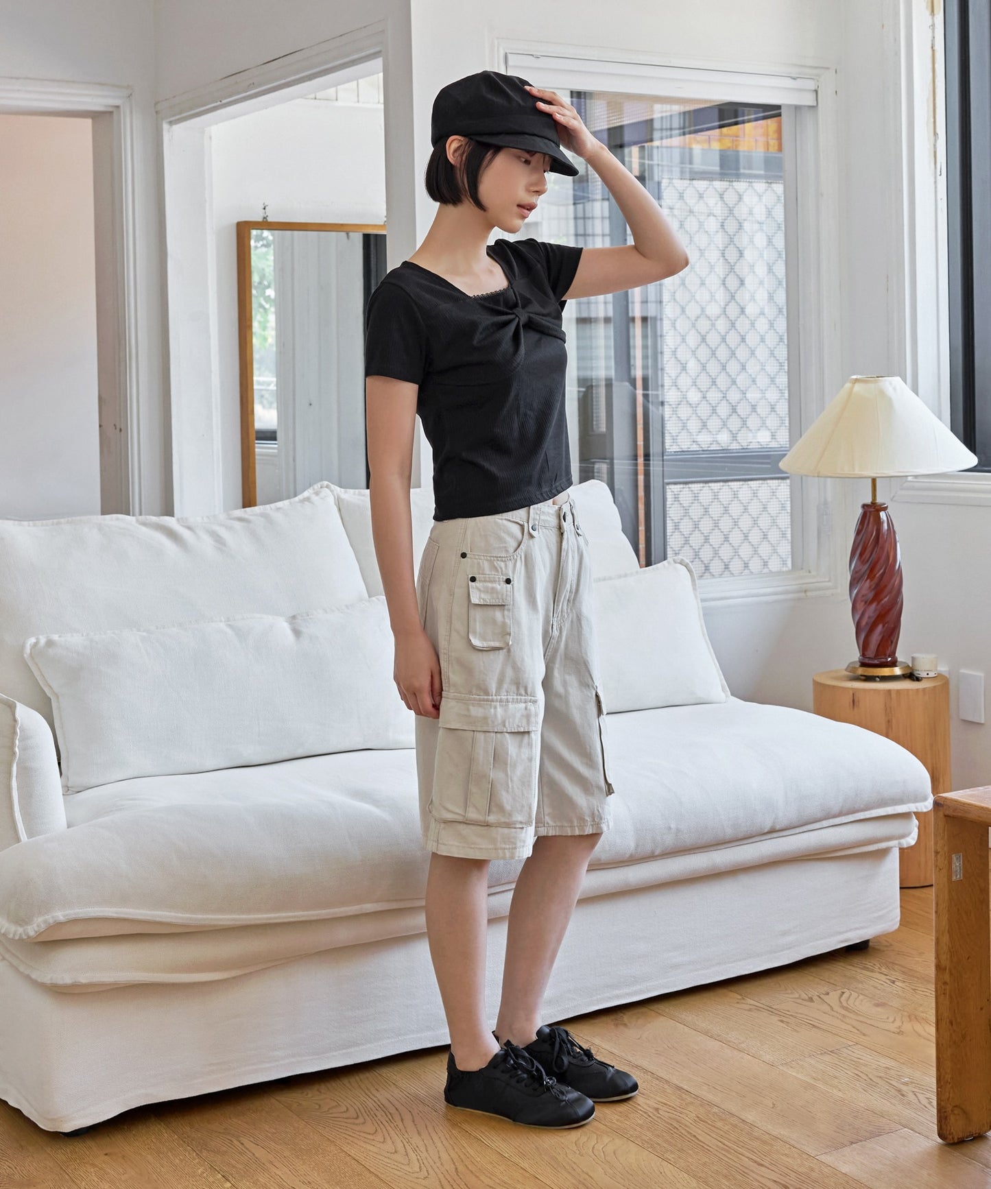 【UNE ORIGINAL】フロントラブリーリボンフリルリブ半袖Tシャツカットソー