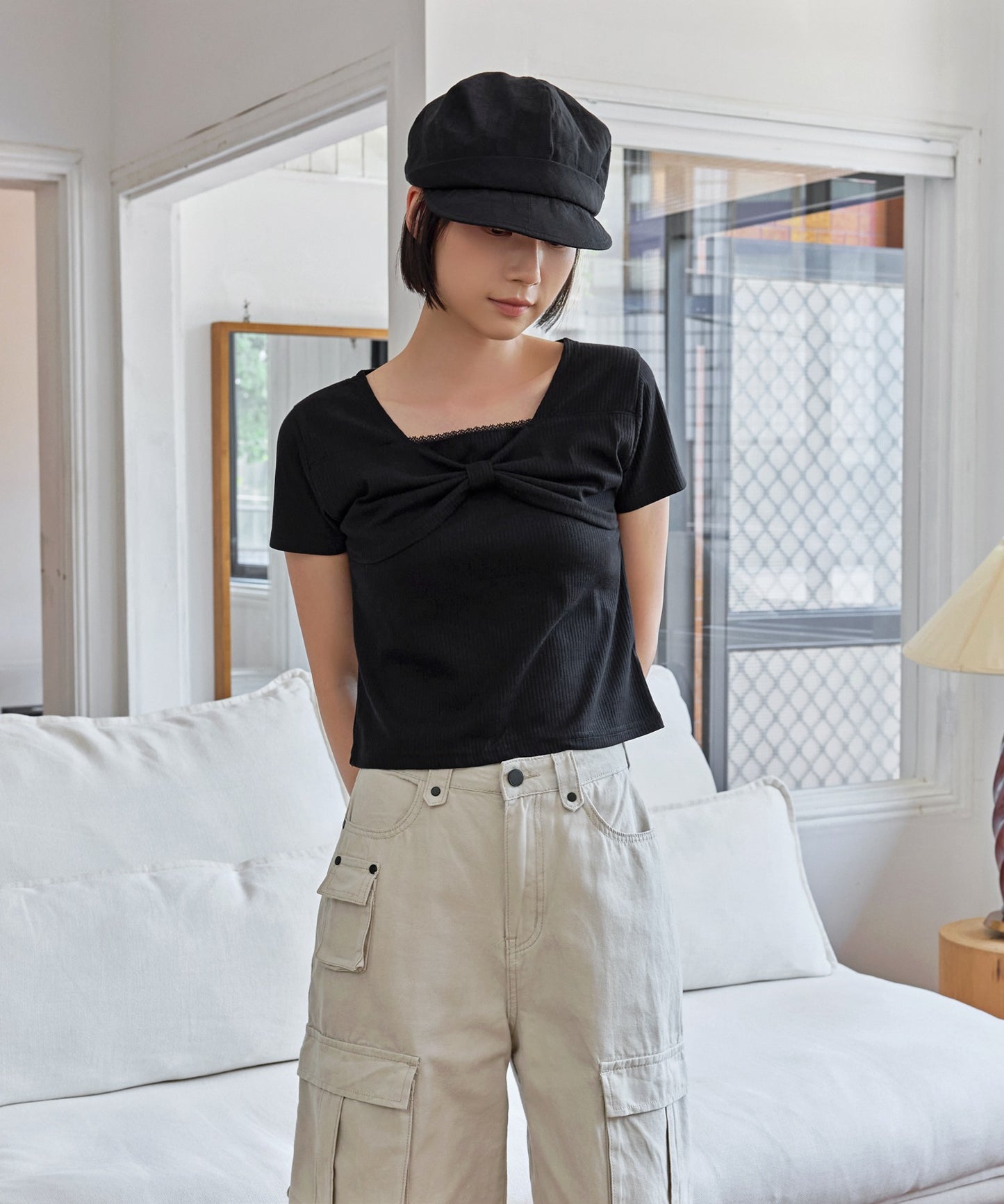 【UNE ORIGINAL】フロントラブリーリボンフリルリブ半袖Tシャツカットソー