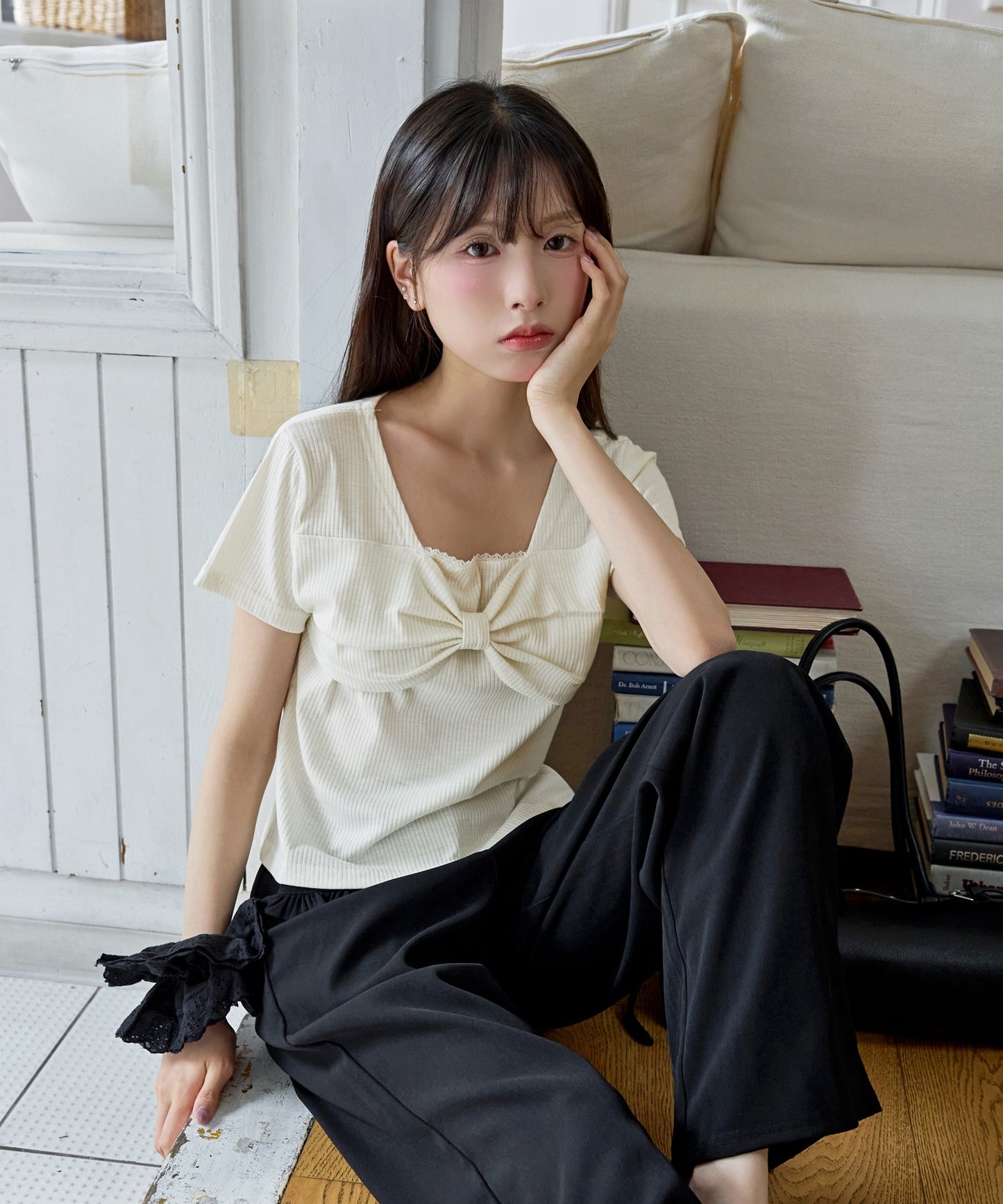 【UNE ORIGINAL】フロントラブリーリボンフリルリブ半袖Tシャツカットソー