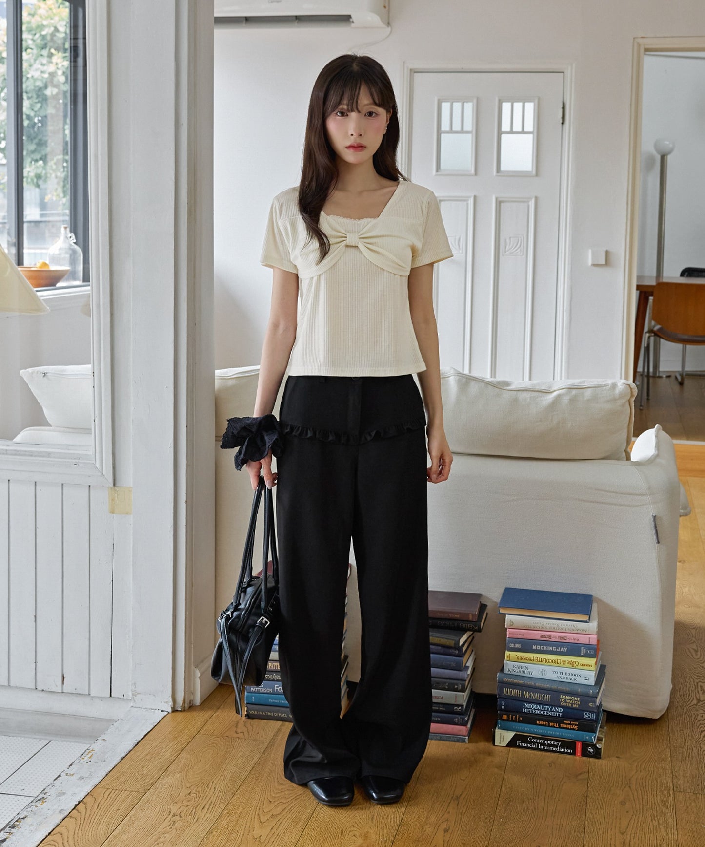 【UNE ORIGINAL】フロントラブリーリボンフリルリブ半袖Tシャツカットソー